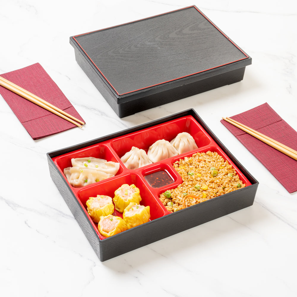 Japanese Style Bento Box - 5 Compartment Black & Red Lunch Box (10.75