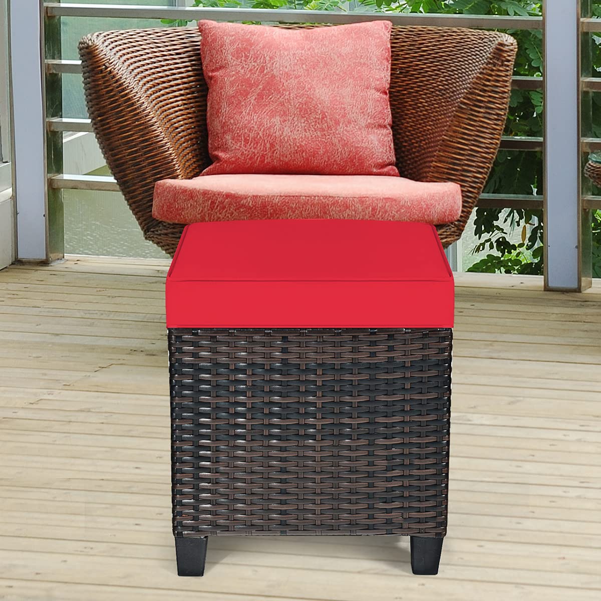 2PCS Rattan Wicker Ottoman Set with Removable Cushions - Patio Footstool & Footrest Seat for Outdoor, Garden, Backyard - Durable Wicker Furniture for Home Decor, Relaxation & Entertaining (Red)