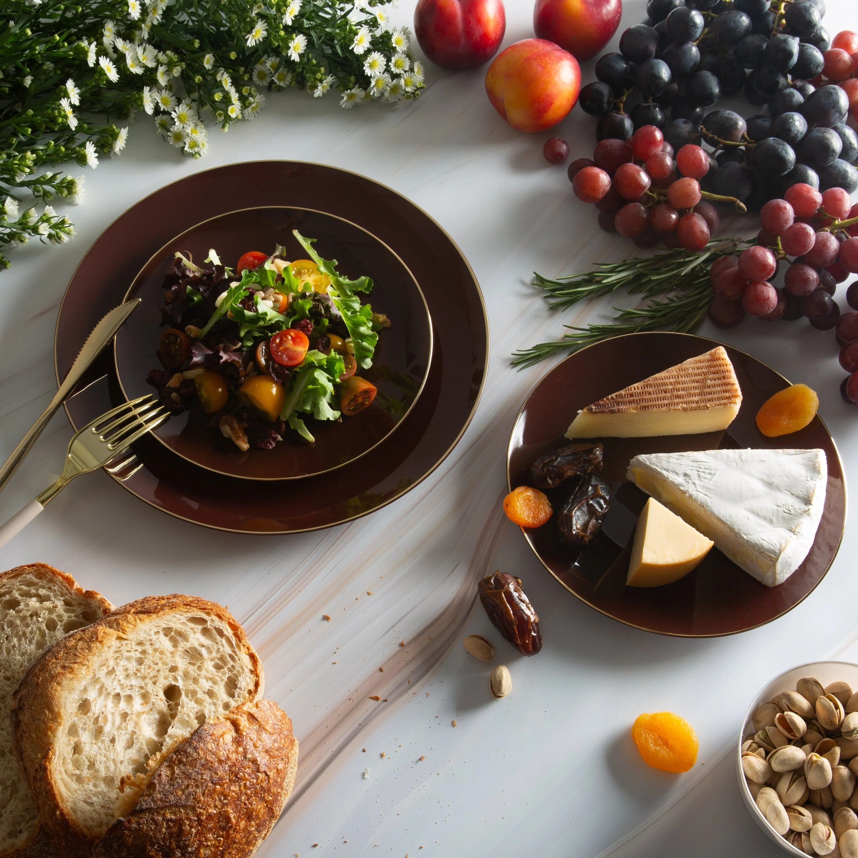 Elegant Truffle & Gold Rim Round Plastic Plates - Organic, Eco-Friendly Disposable Dinnerware for Parties, Weddings & Events