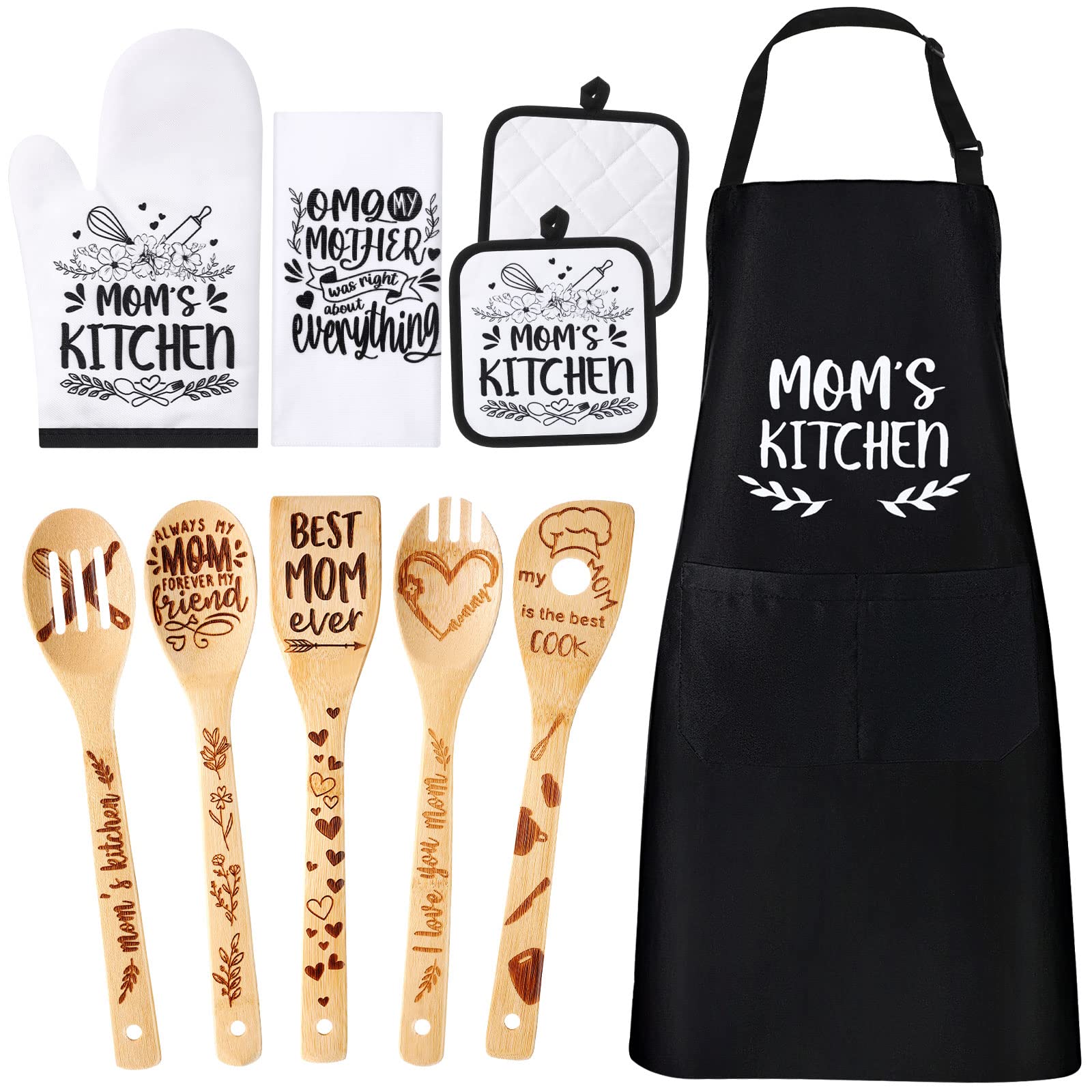 Vicenpal 10-Piece Mom Gift Set - Cotton Apron, Tea Towel, Bamboo Kitchen Utensils, Pot Holders & Oven Mitt - Perfect for Birthday, Christmas & Mother's Day - Ideal for Cooking, Baking & Home Decor