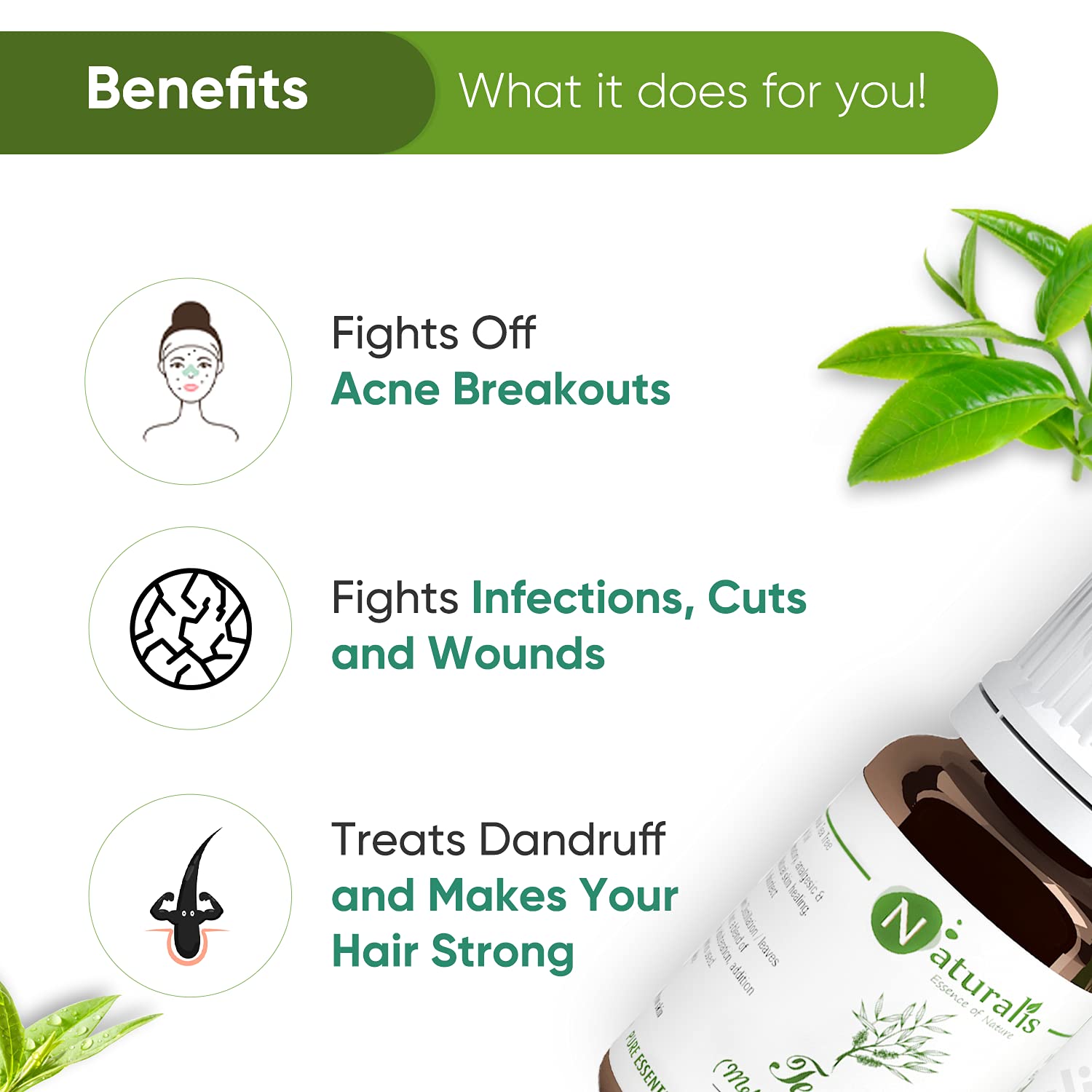 Naturalis 100% Pure Tea Tree Essential Oil - 10ml (2-Pack) | Organic Aromatherapy for Skin Care, Hair Growth & Home Diffuser