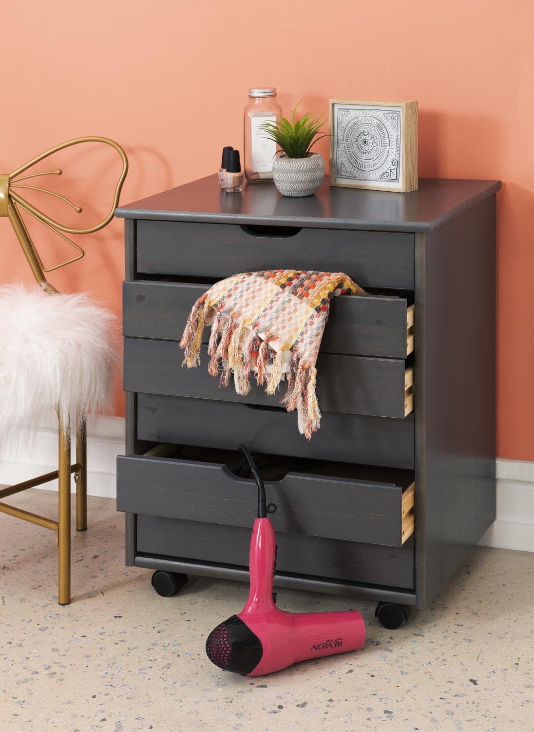 Linon Cary Grey Six Drawer Wide Rolling Storage Cart - Mobile Organizer for Office, Craft Room, or Bedroom Storage