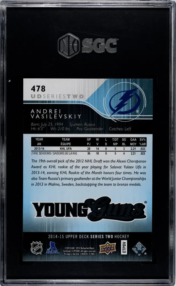2014-15 Upper Deck Series 2 Andrei Vasilevskiy Young Guns Rookie Card SGC 9.5 Gem Mint - Perfect for Hockey Card Collectors and Tampa Bay Lightning Fans