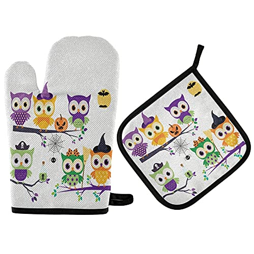 Halloween Owl Oven Mitts & Pot Holder Set - Heat Resistant Kitchen Gloves for Baking, Grilling, BBQ - Cute Pumpkin & Branch Design for Fall Decor