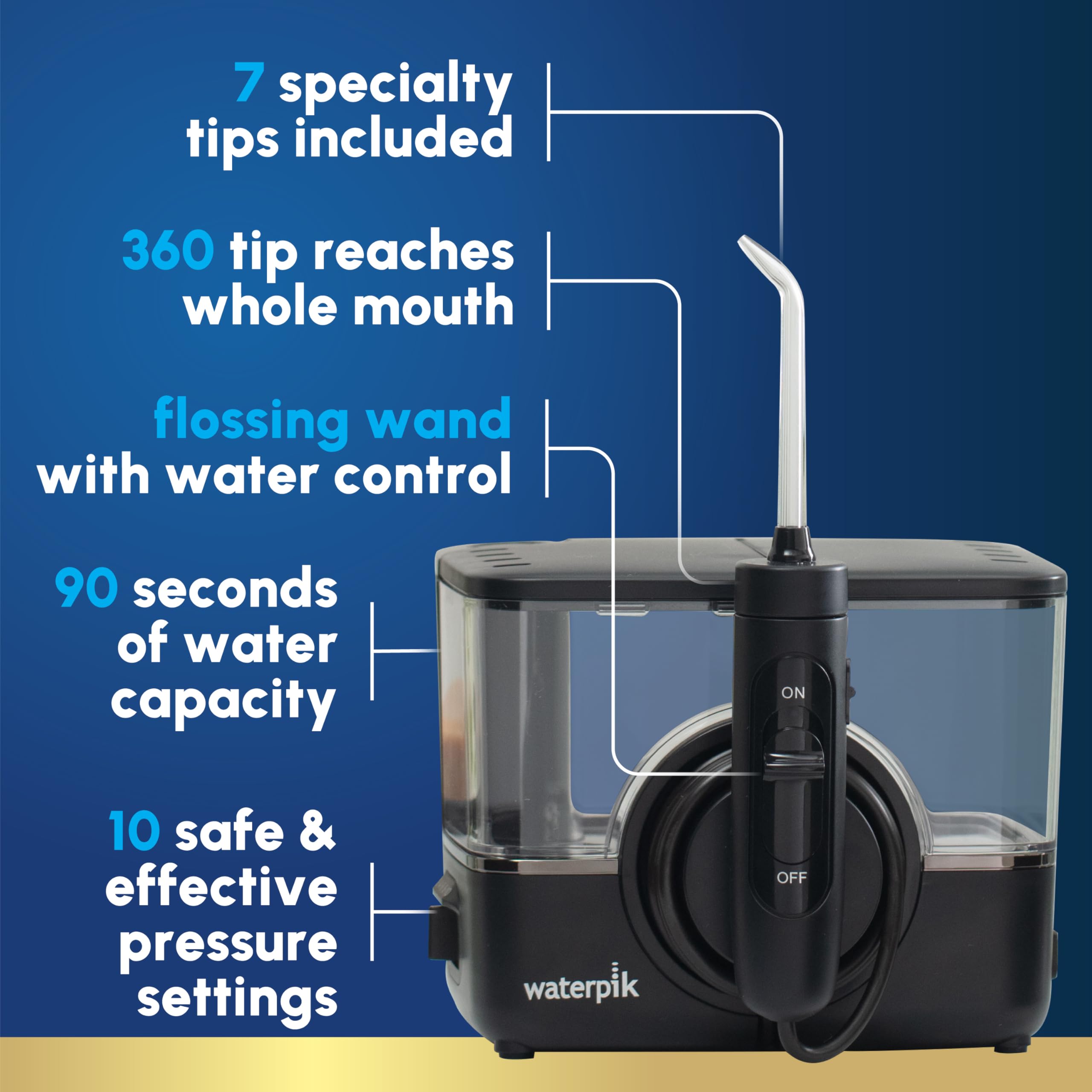 Waterpik ION Professional Water Flosser - Rechargeable Cordless Dental Flosser for Teeth Cleaning, Gum Care & Braces | 10 Pressure Settings with 7 Tips for Family Use | ADA Accepted Portable Oral Irrigator (WF-12 Black) | Perfect for Travel, Home & Office Use