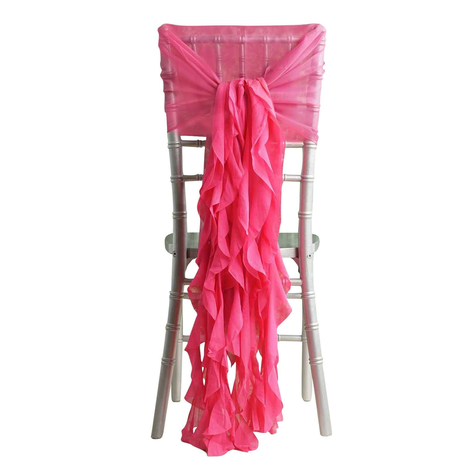 1 Set Chiffon Hoods Chair Sashes with Willow Ruffles Design - Fuchsia Wedding Chair Bow Decor for Bridal Shower, Birthday Party & Banquet Decoration
