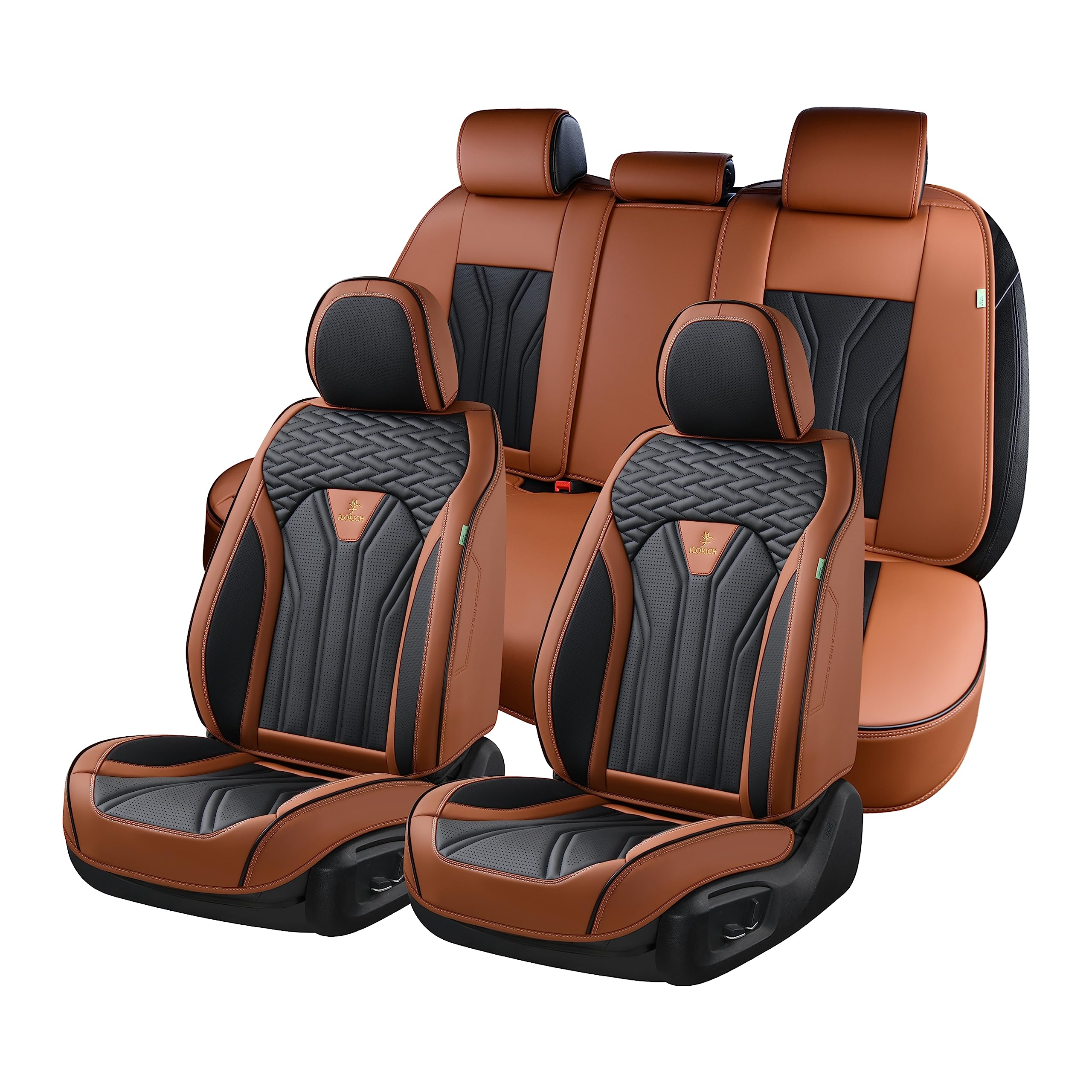 Premium FLORICH Leather Car Seat Covers Full Set (5 Seats) - Universal Fit for Most Cars & Trucks - Brown & Black - Luxury Protection & Comfort for Daily Commute, Road Trips & Family Travel