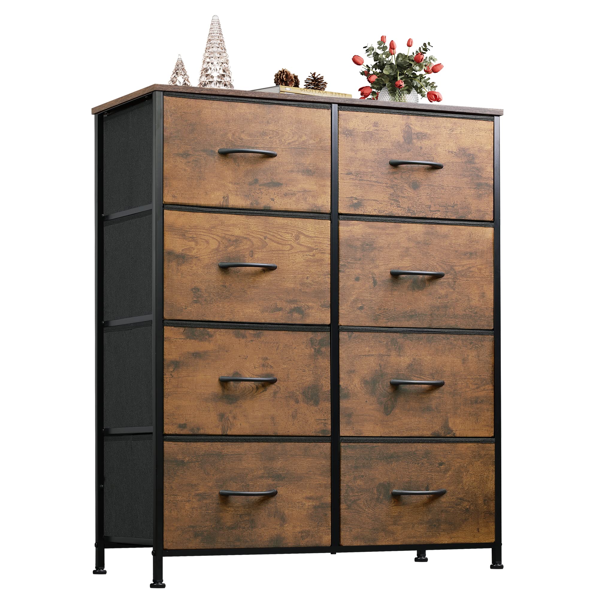 WLIVE 8-Drawer Fabric Dresser Storage Tower with Bins - Rustic Brown Wood Grain Print Chest of Drawers for Bedroom, Closet, Living Room, Hallway & Dorm Organization | Space-Saving Home Storage Solution