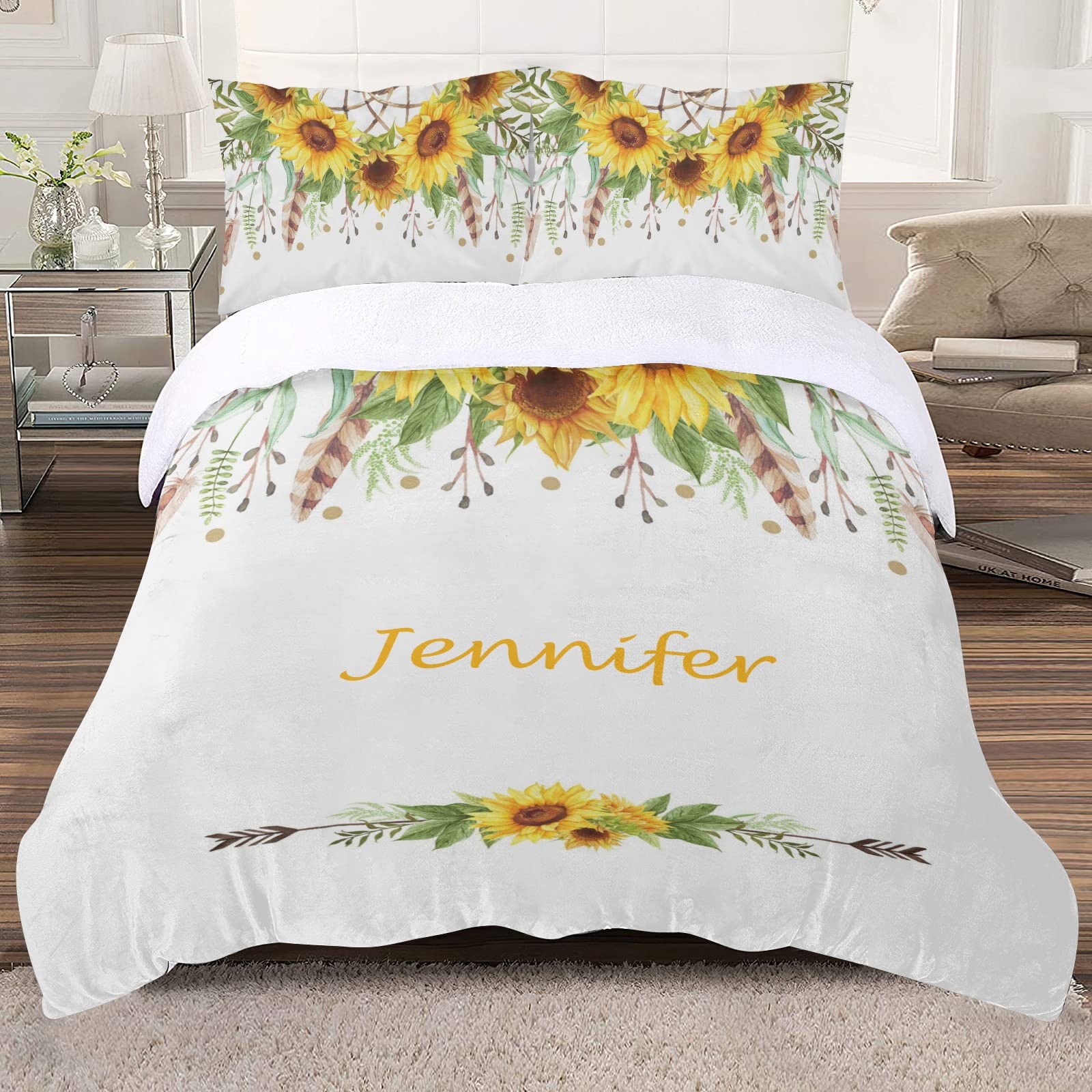 Boho Sunflower Personalized Name 3-Piece King Size Bedding Set - Sherpa Duvet Cover with Zipper Closure & 2 Pillow Shams | Cozy Farmhouse Bedroom Decor for Girls & Teens