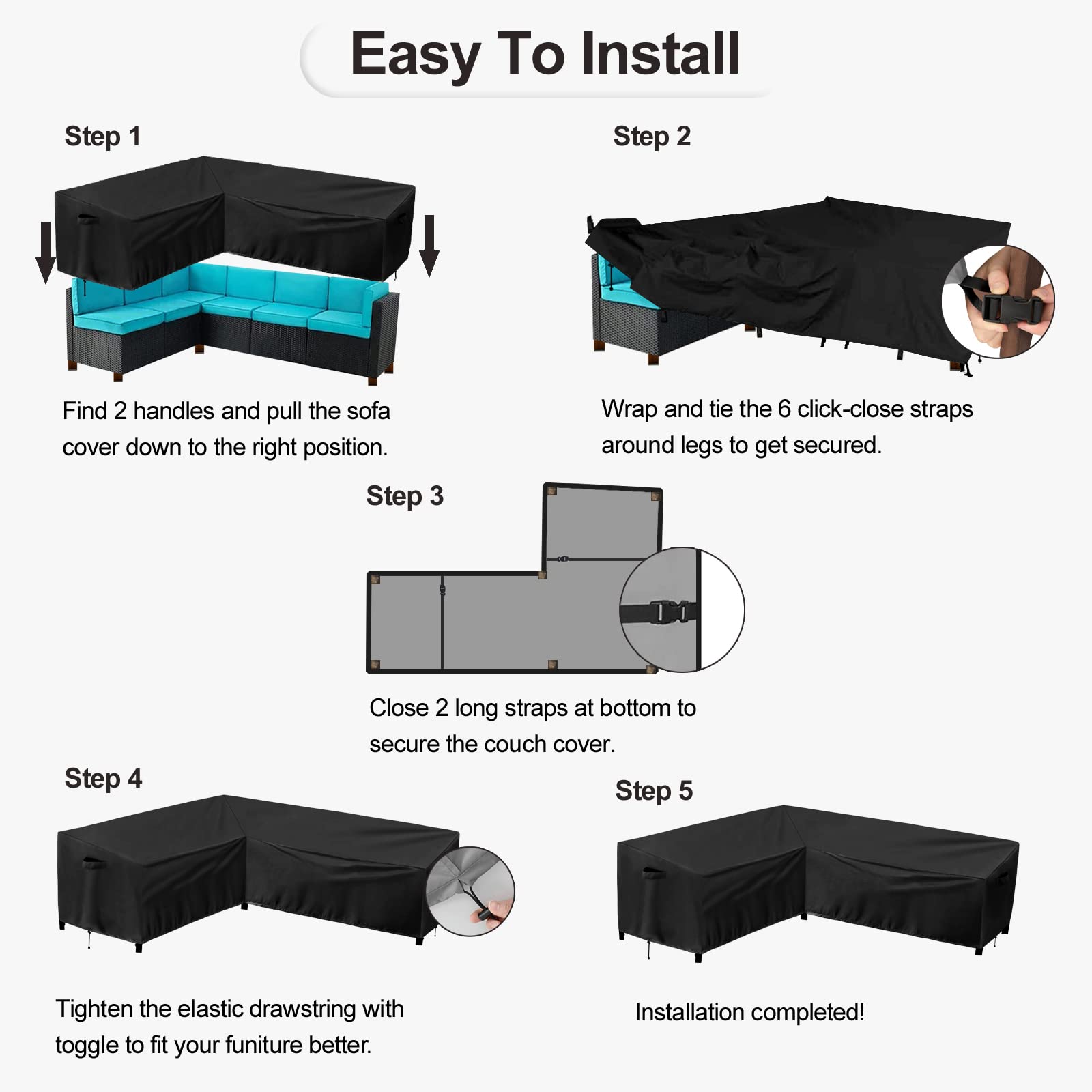 PureFit Outdoor Sectional Sofa Cover - Waterproof L-Shaped Patio Furniture Protector for Deck, Lawn & Backyard - 83”x104” Left Facing - Black - Perfect for Rainy Weather & Outdoor Entertaining