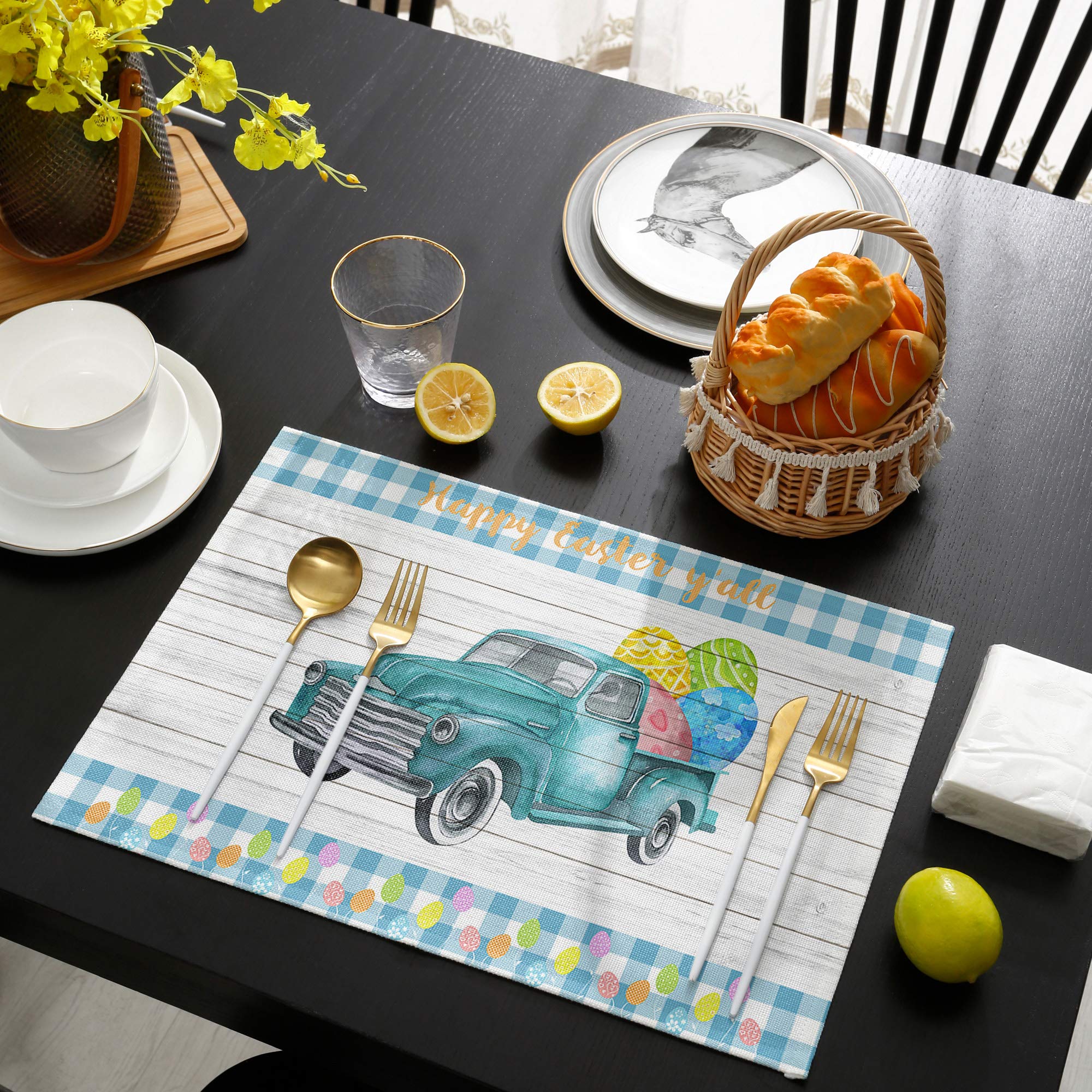 Easter Egg Truck Placemats Set of 4 - Blue Check Plaid Wood Grain Table Mats for Easter & Spring Holiday - Washable Cotton Linen Table Decor for Dining Room, Kitchen, and Party Settings