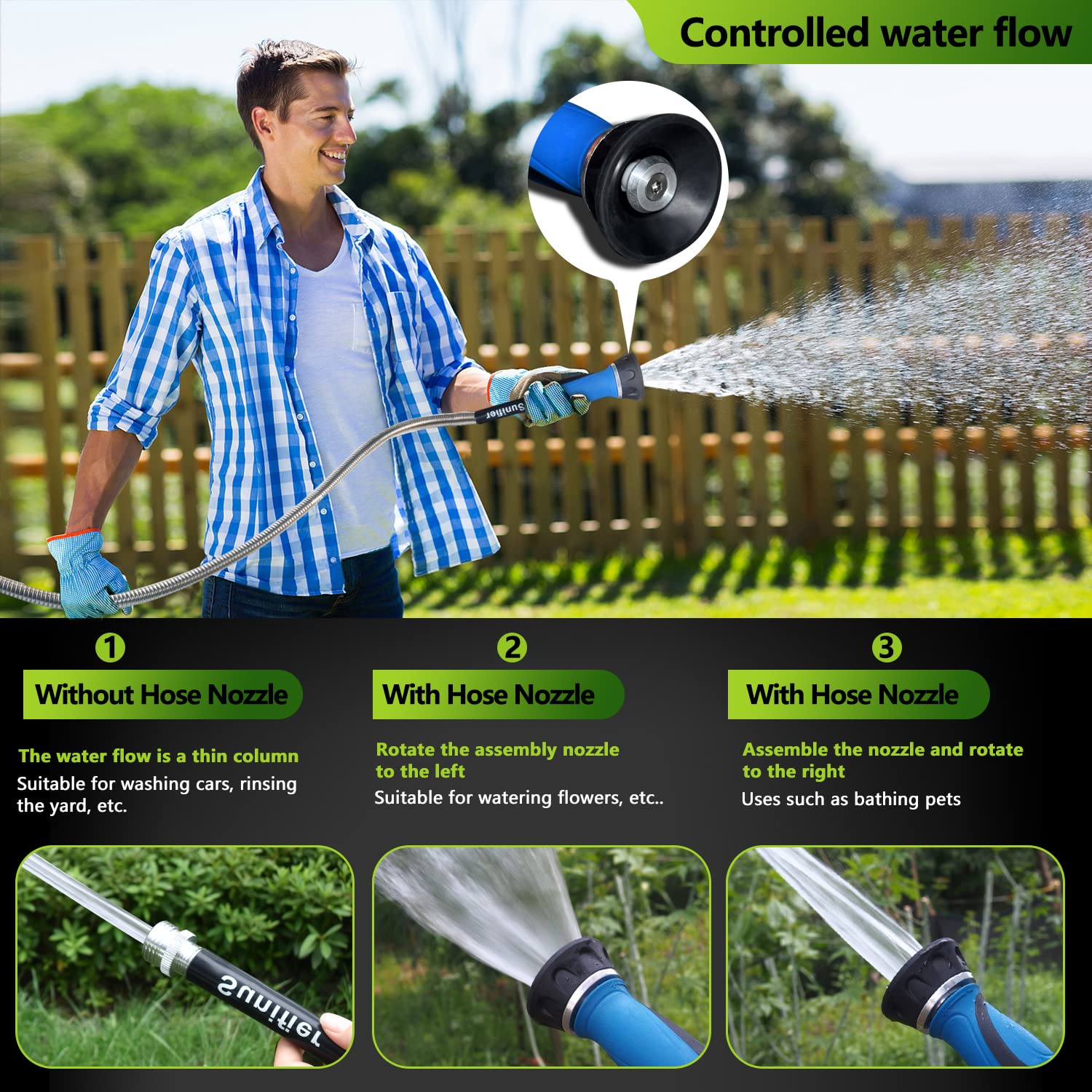 100 Ft Stainless Steel Metal Garden Hose - Heavy Duty Flexible Water Hose with High Pressure Nozzle Sprayer for Lawn, Yard & Outdoor Cleaning | Durable 100 Foot Hose for Gardening, Car Washing & Patio Use