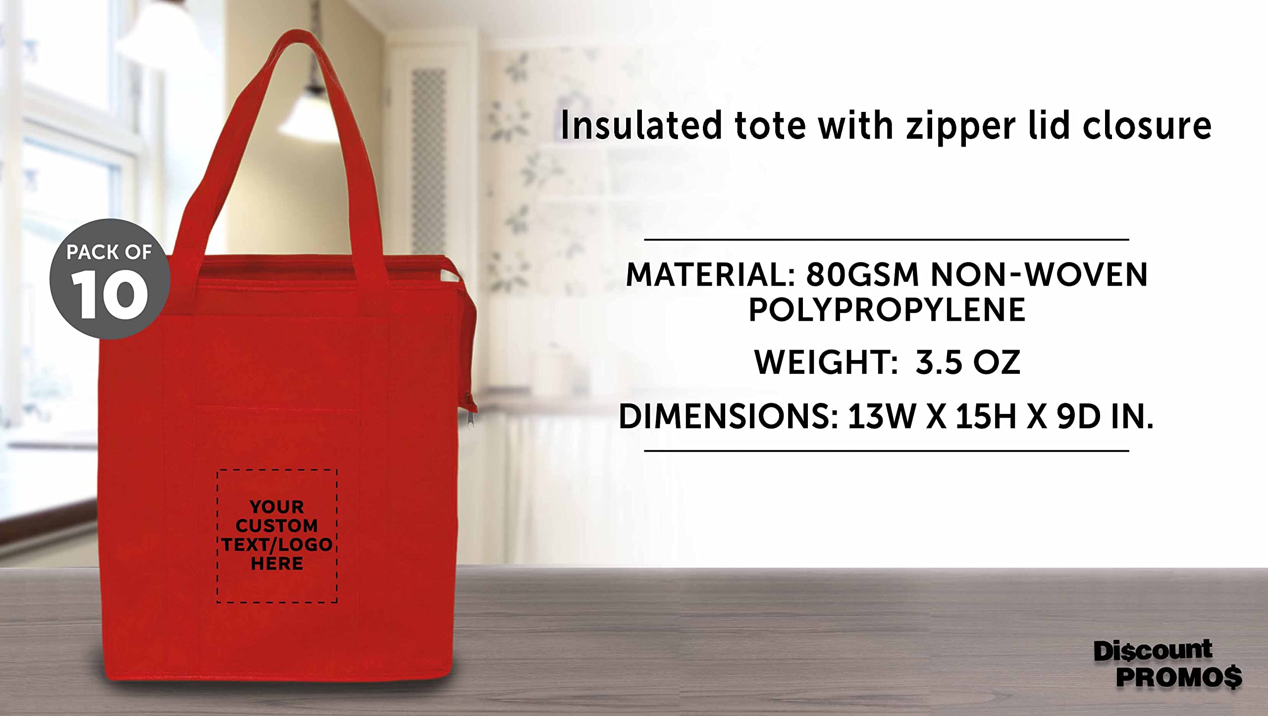 Custom Non-Woven Insulated Tote Bags - Set of 10 Reusable Personalized Bulk Pack - Eco-Friendly Shopping, Picnic, Camping & Beach Essentials - Perfect for Groceries, Outdoor Activities & Corporate Gifts - Red