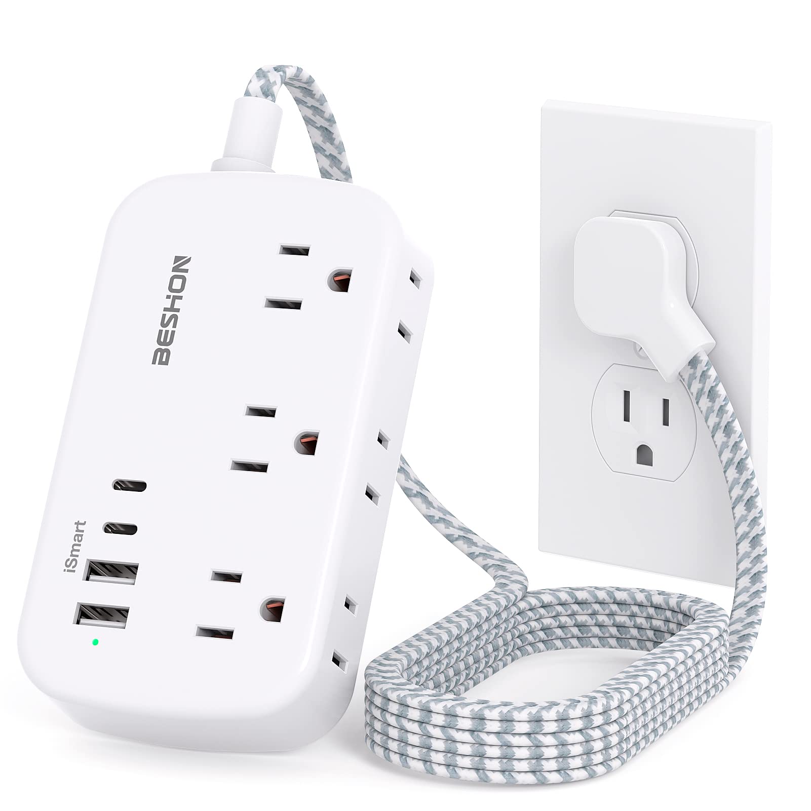 5FT Flat Plug Extension Cord with 6 Outlets & 4 USB Ports (2 USB C) - Cruise Ship, Dorm Room Travel Essentials - Perfect for Charging Multiple Devices On The Go