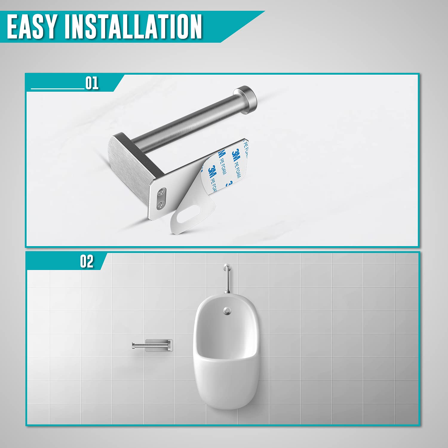 Stainless Steel Wall Mount Toilet Paper Holder - No Drill Self Adhesive Bathroom & Kitchen Toilet Roll Holder - Waterproof Rust-Resistant - Perfect for Small Spaces, Apartments, RVs and Modern Home Decor