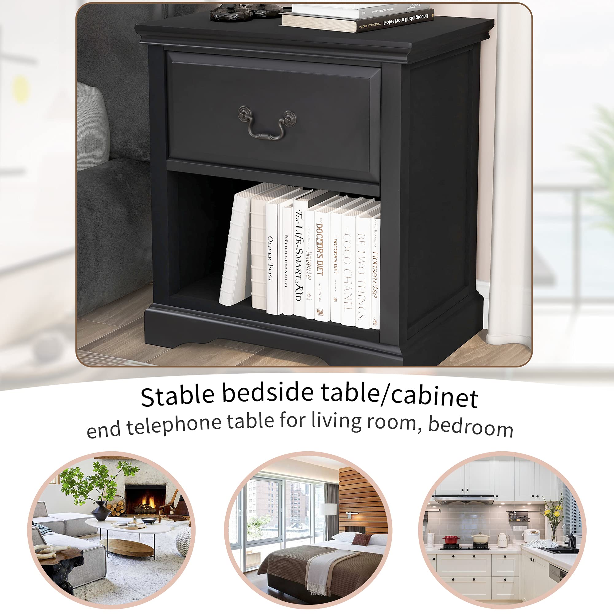 Solid Wood End Table Nightstand with 1 Drawer & Shelf - Rustic Retro Side Table for Living Room, Bedroom & Office - Traditional Storage Sofa Table in Black - Perfect for Small Spaces, Reading Nooks & Guest Rooms