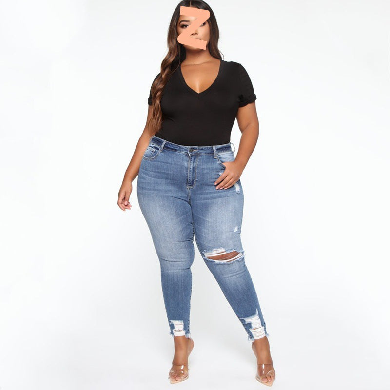 Plus Size Ripped Denim Jeans for Women - Stylish Distressed Ladies Jeans for Casual Wear & Everyday Outfits
