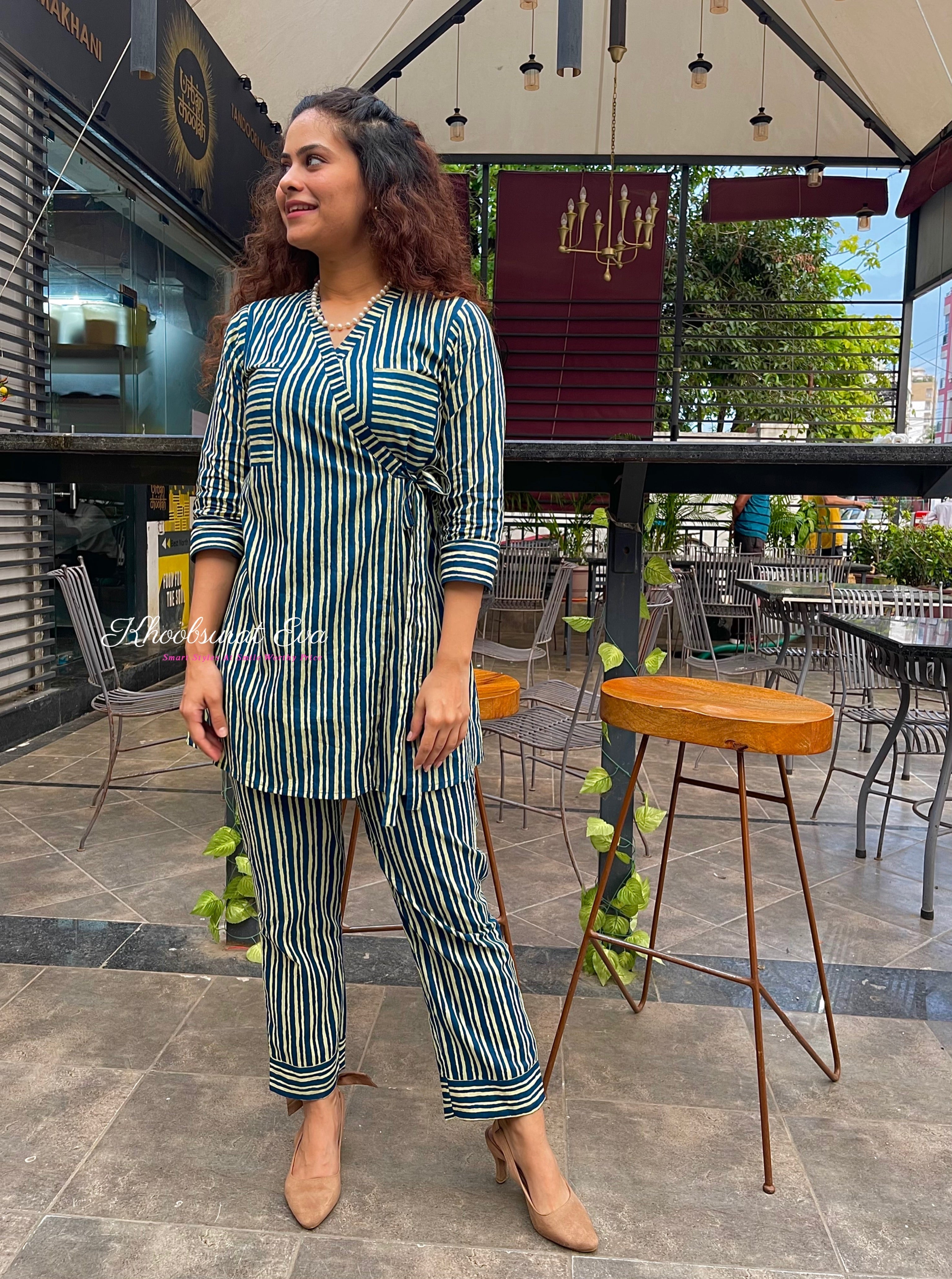 Stylish Blue Striped Co-Ord Set for Women | Trendy Matching Outfit | Perfect for Summer, Beach, and Casual Wear