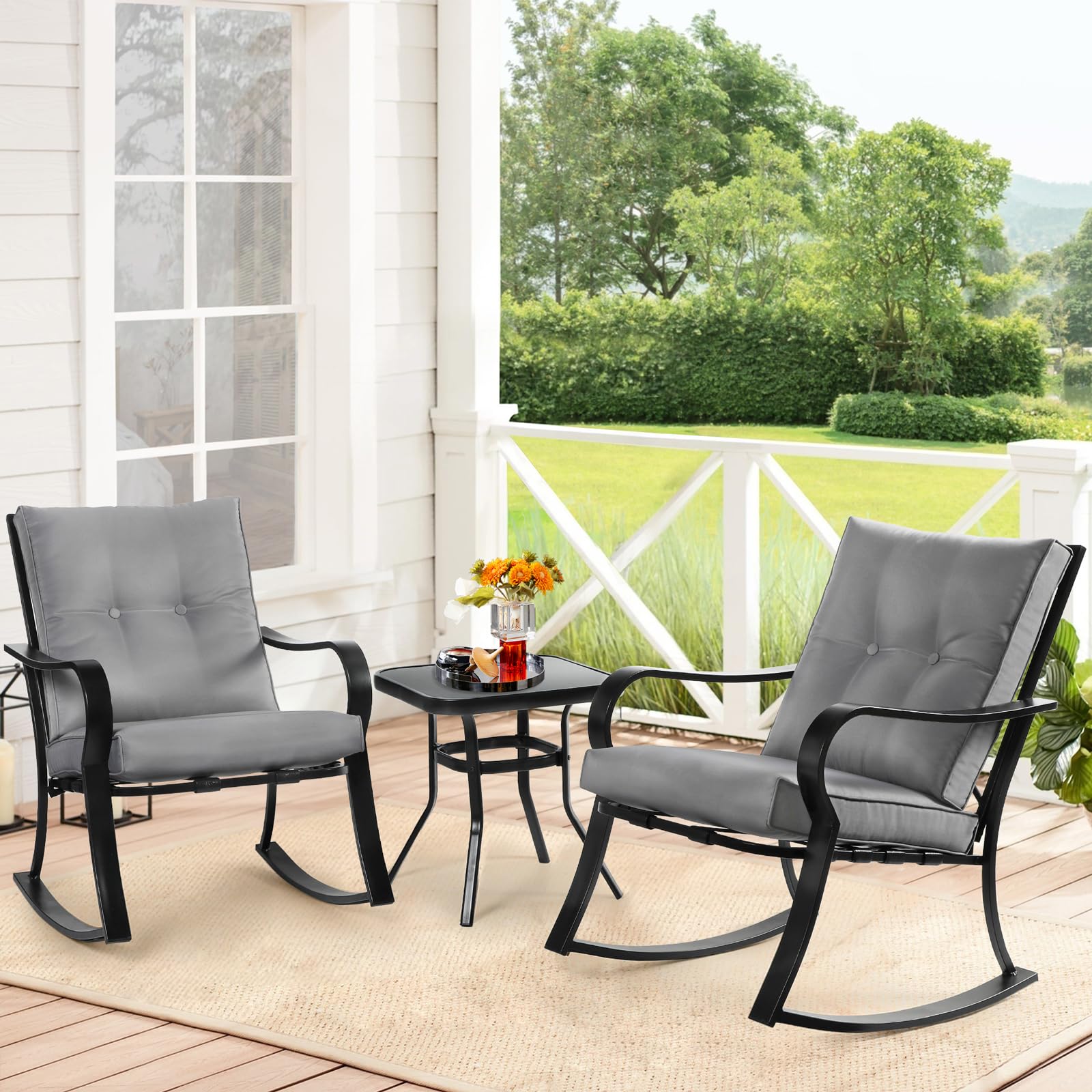 SOLAURA 3-Piece Outdoor Rocking Chair Set with Cushions - Black Iron Patio Bistro Furniture with Gray Thickened Cushions & Glass-Top Coffee Table - Perfect for Garden, Porch, Backyard and Poolside Relaxation