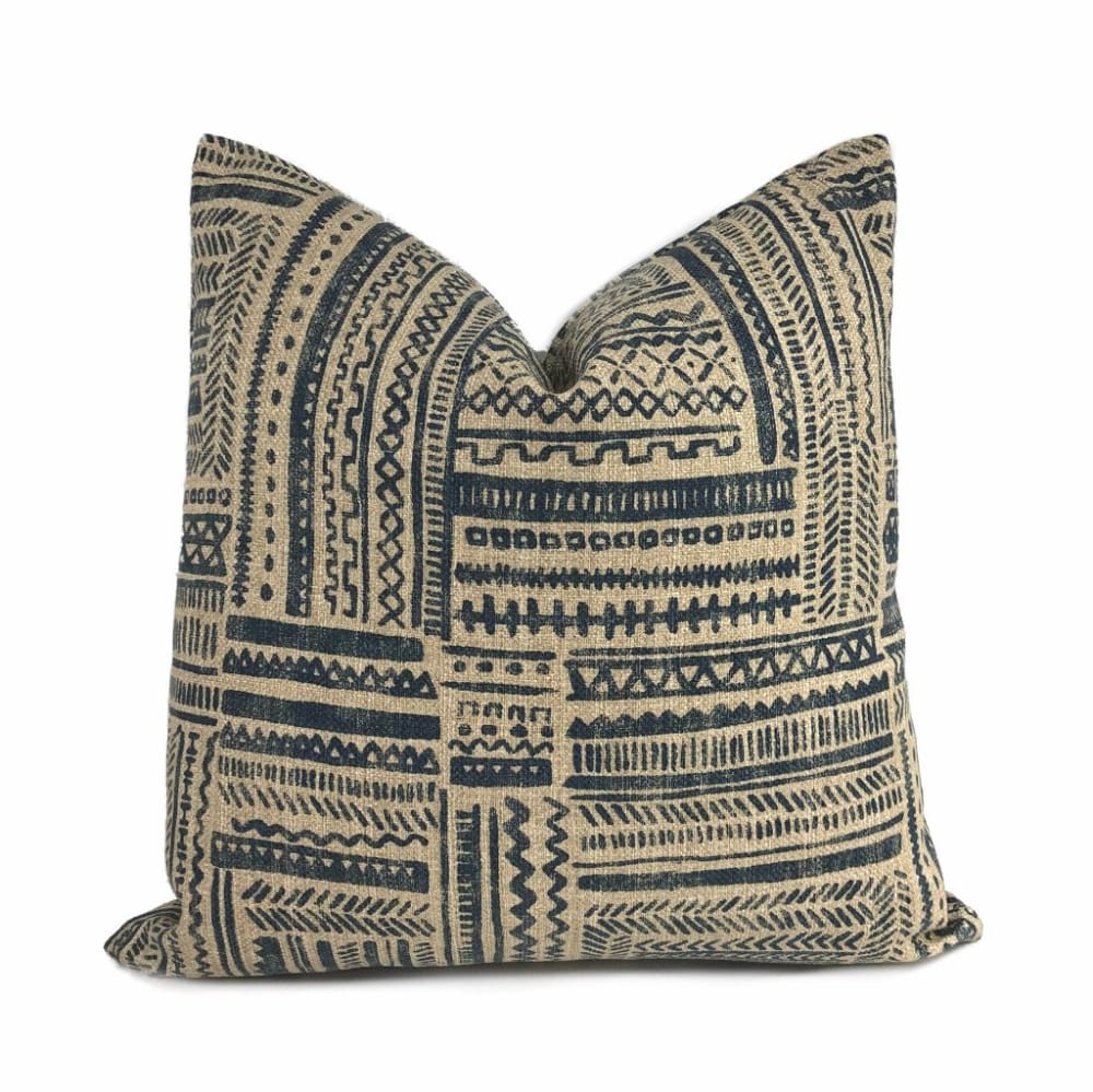 African Mudcloth Print Pillow Cover - Handmade Blue Tan Ethnic Boho Decor for Living Room, Bedroom & Sofa
