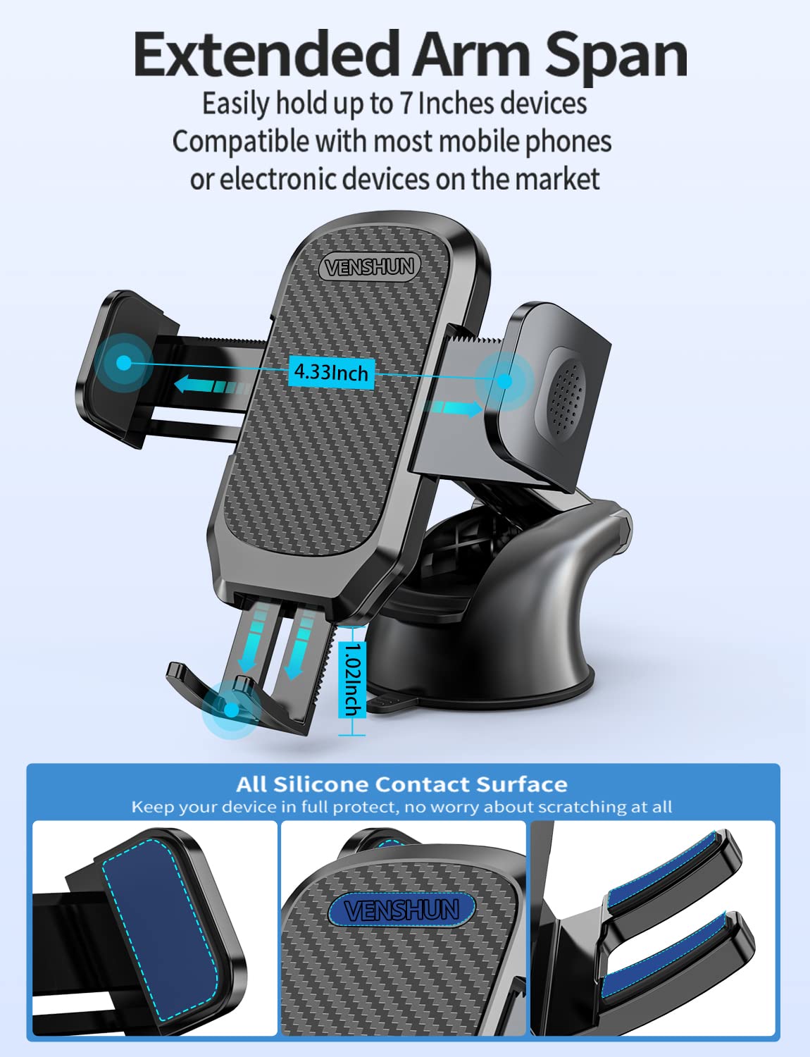 3-in-1 Car Phone Mount Holder - Ultra Durable Dashboard, Windshield & Air Vent Mount with Multi-Angle Adjustment for All Smartphones - Perfect for GPS Navigation, Hands-Free Calling & Road Trips