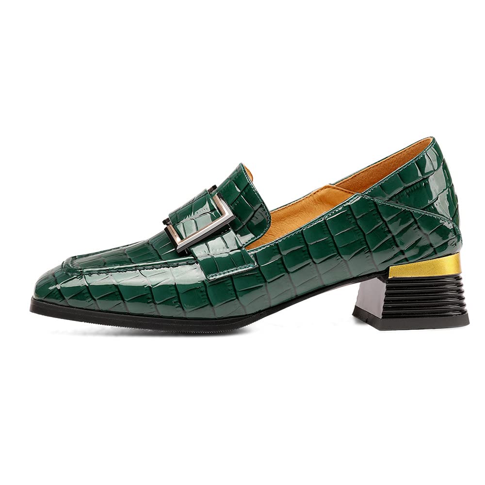 TinaCus Women's Square Toe Patent Leather Loafers - Handmade Buckle Detail Casual Shoes with Low Chunky Heel for Work, Office & Everyday Wear