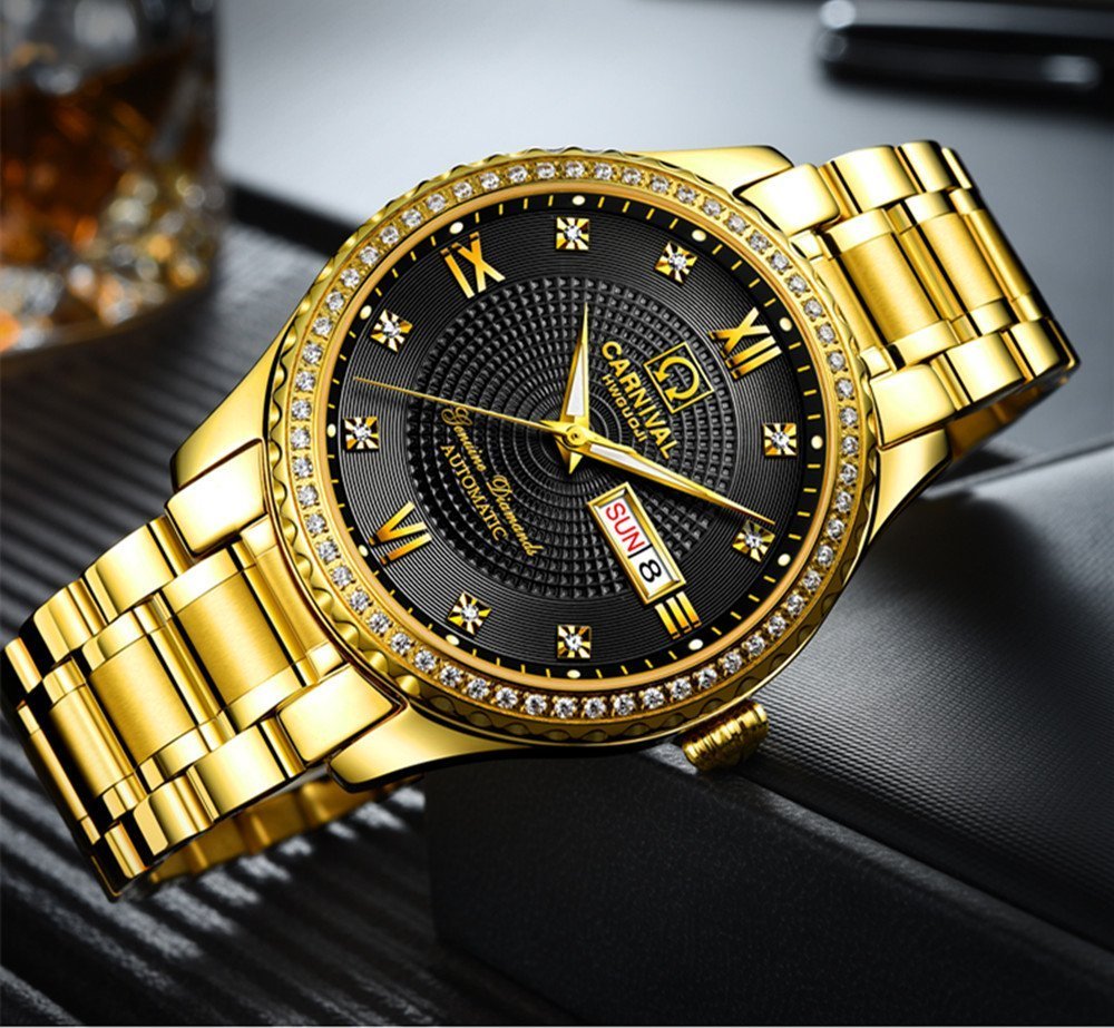 Gosasa Swiss Made Men's Luxury Gold Watch - Automatic Analog Display with Calendar, Week Indicator & Luminous Hands - 18K Gold Plated Stainless Steel Diamond Watch for Business, Formal Events & Gifts