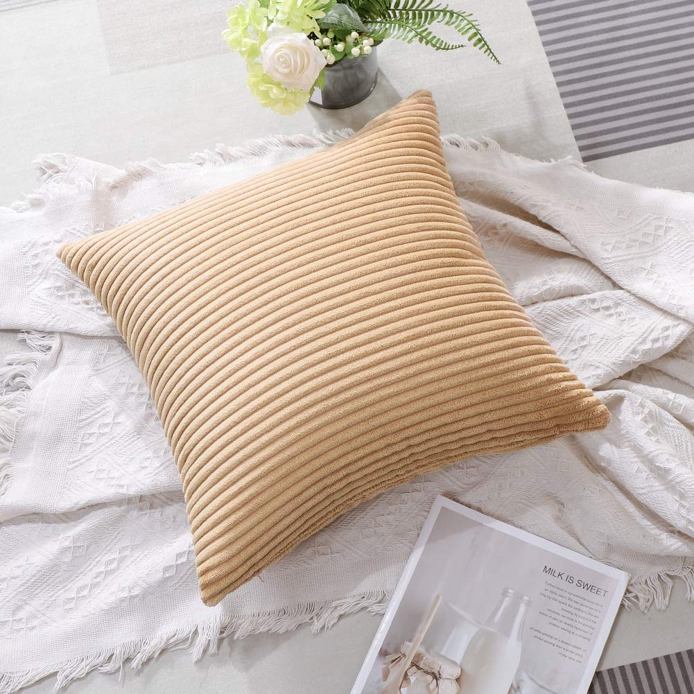 Artscope Cozy Striped Corduroy Pillow Covers 24x24 Inches - Super Soft Decorative Square Throw Pillow Cases for Sofa, Couch, Bed & Car - Khaki Home Decor | Perfect for Living Room, Nursery & Office Accents
