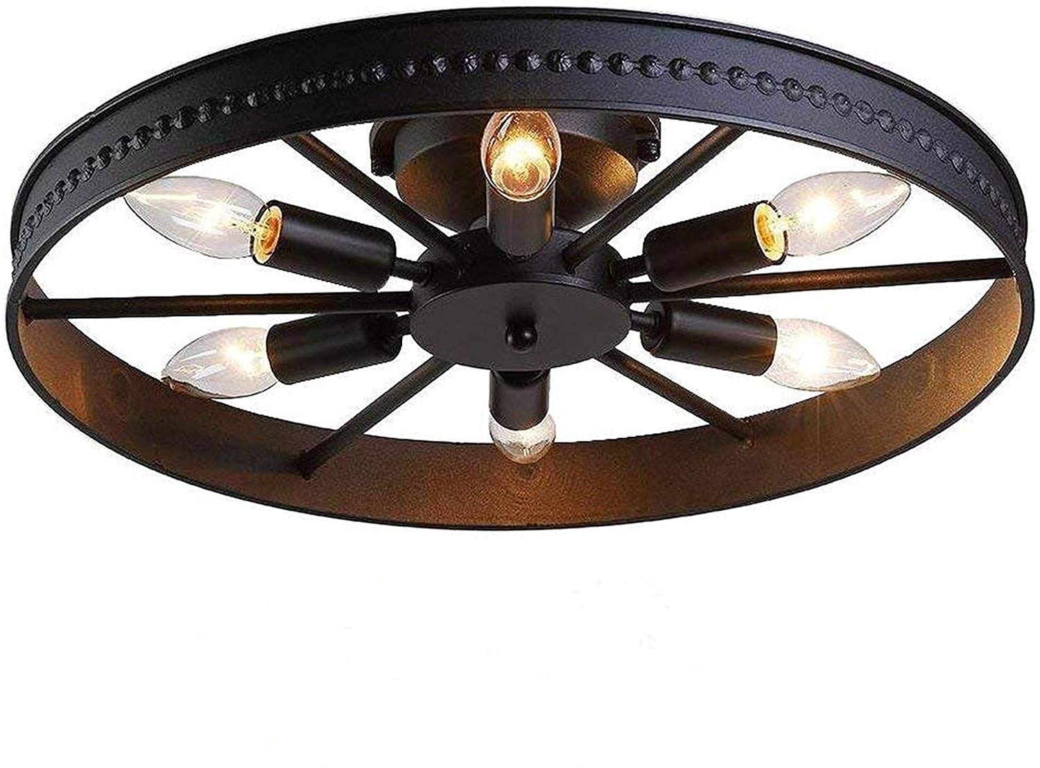 Industrial Semi Flush Mount Ceiling Light - Farmhouse Black Wheel Chandelier with 6 Lights, Wrought Iron Close-to-Ceiling Fixture for Loft, Dining Room & Kitchen Lighting