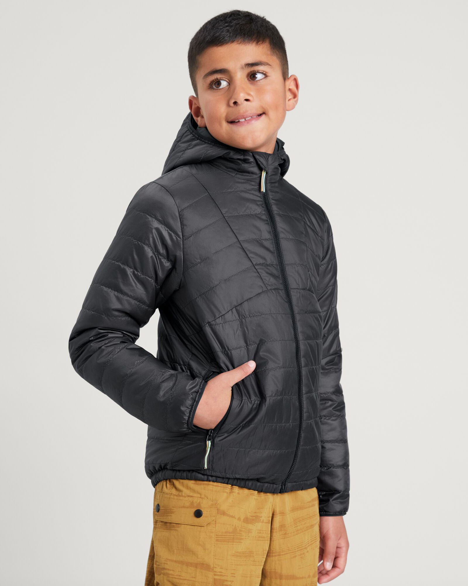 Heli R Boys' novaLOFT Hooded Jacket - Lightweight Water-Resistant Winter Jacket for Kids, Black Stingray Color - Perfect for Outdoor Play, School & Cold Weather Activities
