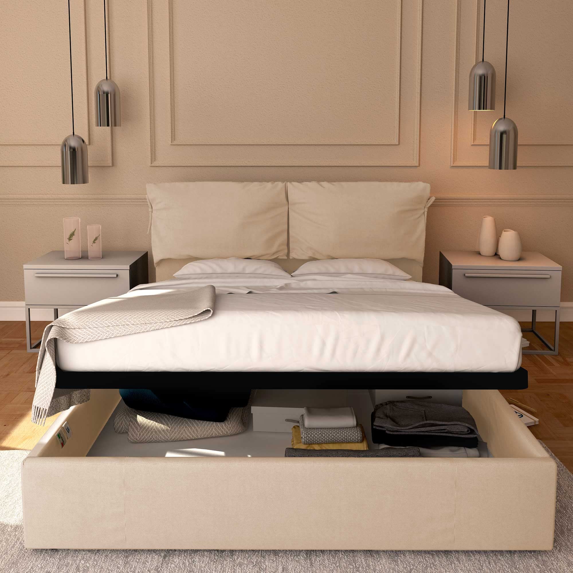 Baldiflex Licia Soft Fabric Storage Bed Frame with Slatted Base, 160x200 cm, Padded Headboard, Beige - Perfect for Guest Rooms, Small Apartments & Cozy Bedrooms