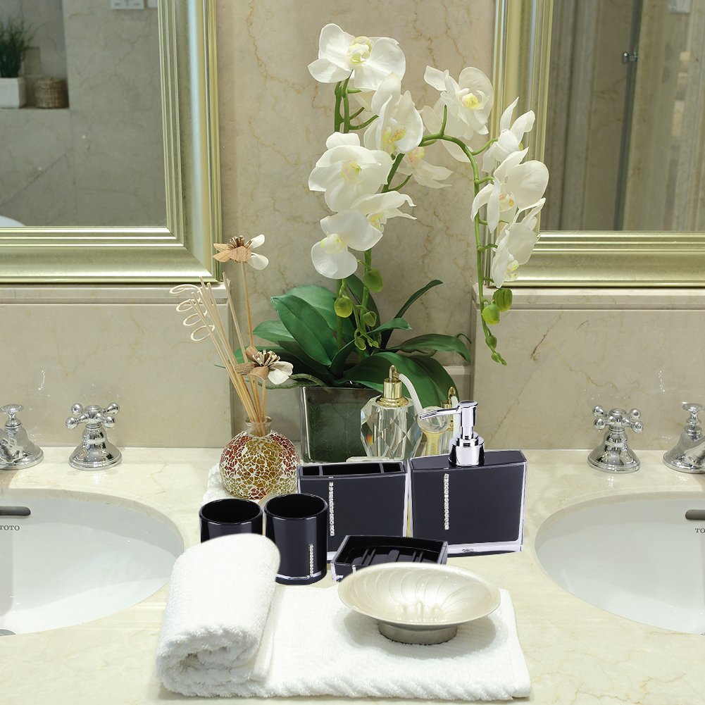 5-Piece Luxury Bathroom Accessories Set - Soap Dispenser, Toothbrush Holder, Cup, Tumbler & Lotion Bottle for Modern Vanity | Spa-Inspired Bath Decor for Home & Hotel Use
