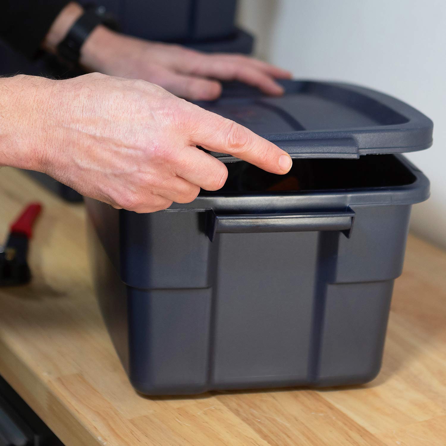 Rubbermaid Roughneck 10 Gallon Storage Tote - 8 Pack, Heavy Duty Plastic Stackable Bins with Lids & Handles, Made in USA, Dark Indigo Metallic - Perfect for Garage Organization, Home Storage & Moving Supplies