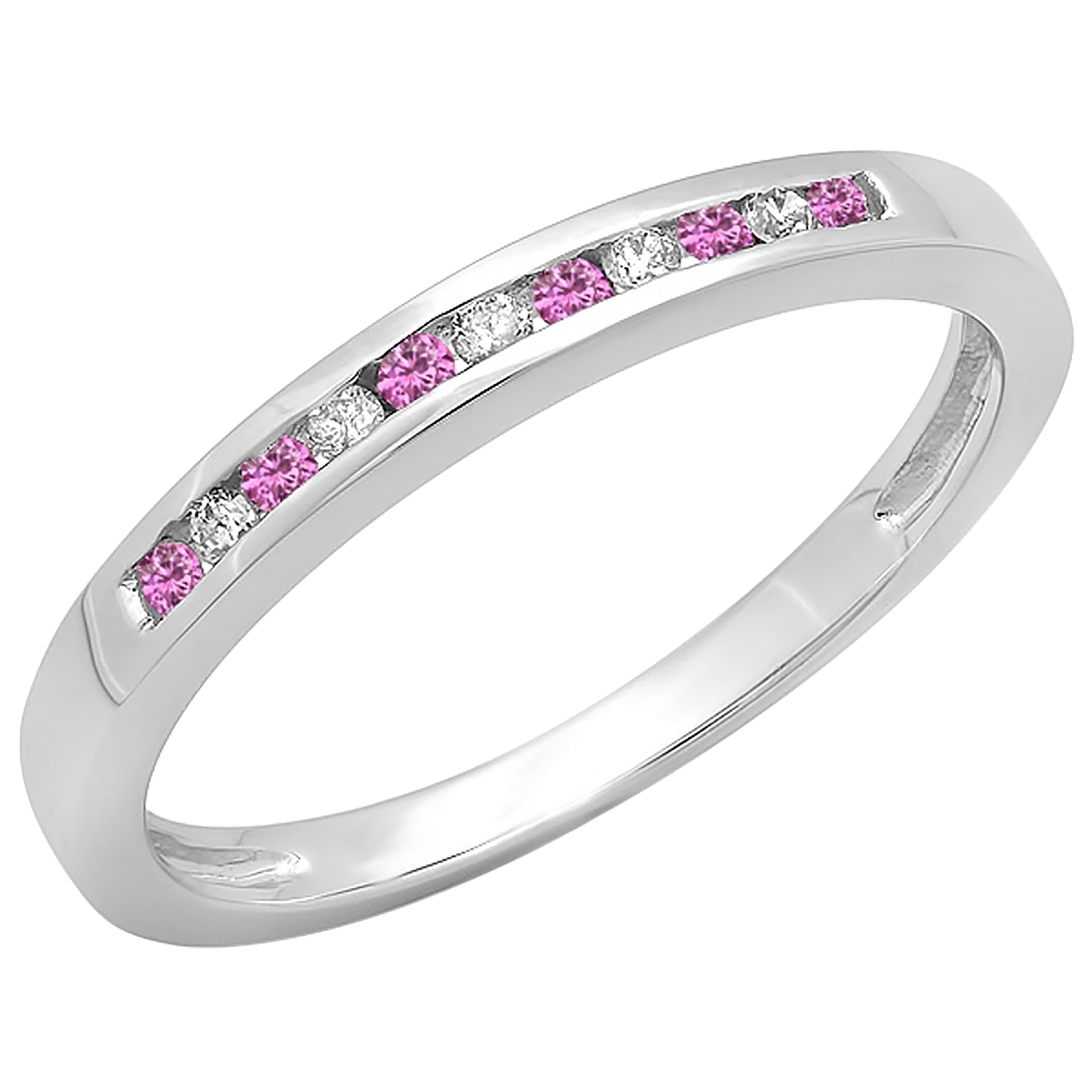 10K Solid Gold Round Pink Sapphire & White Diamond Women's Anniversary Wedding Band Stackable Ring - Perfect for Bridal Jewelry, Engagement Gifts & Special Occasions