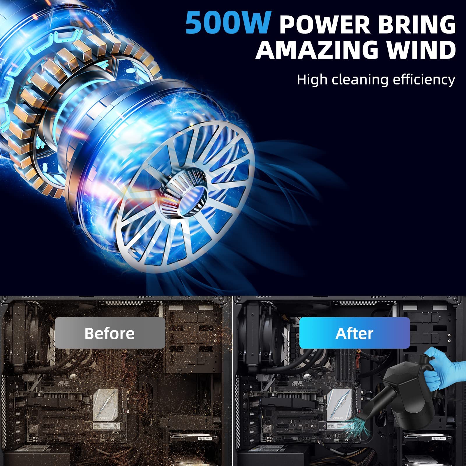 Reesibi 500W Professional Electric Air Duster - High Power Compressed Air Blower with 2 Speed Settings, Canned Air Alternative for Computer Cleaning, Multi-Purpose Inflator Pump for Swimming Pools, Tires & Home Use - Perfect for Electronics Maintenance, Workshop Cleaning and Outdoor Gear Inflation