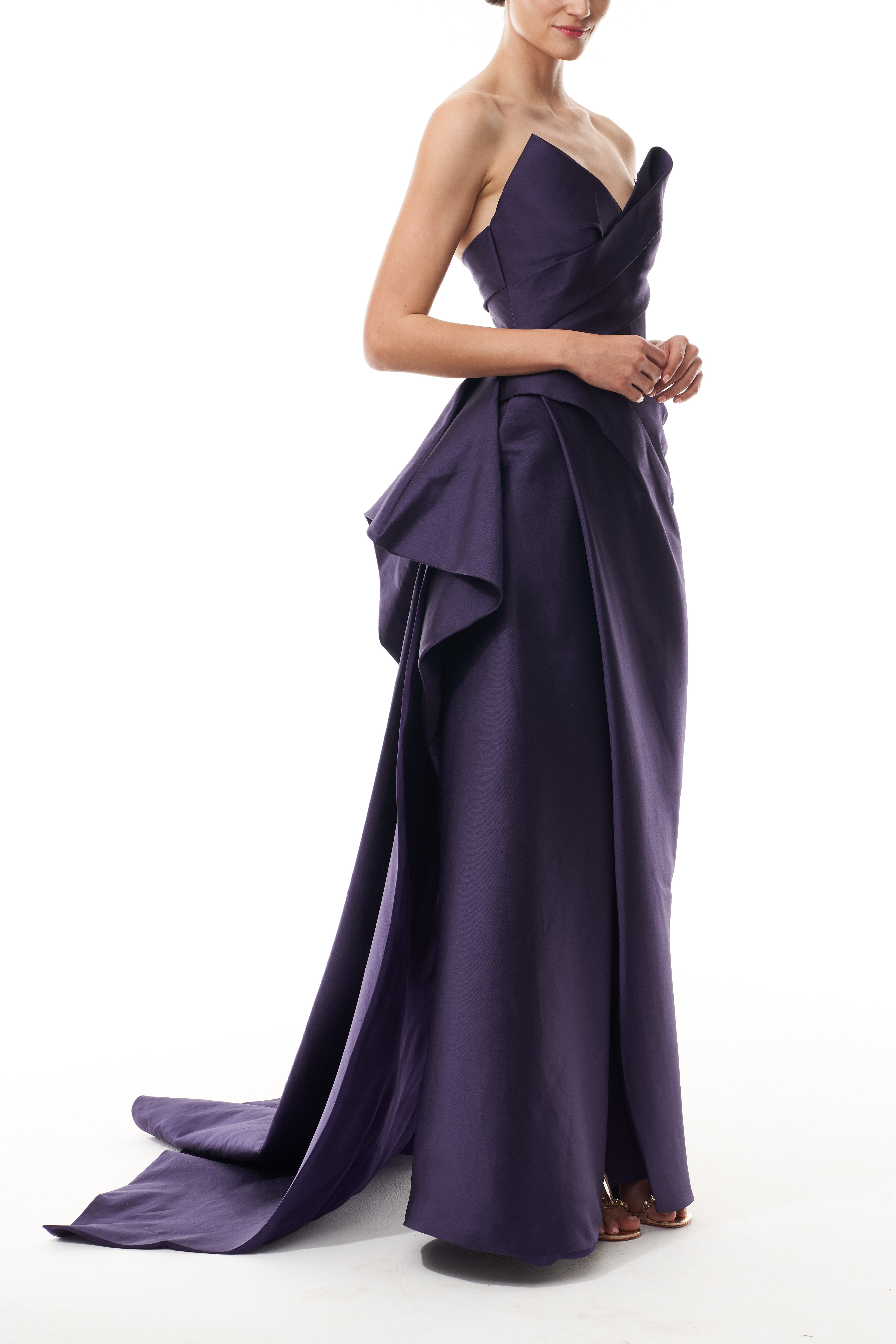 Elegant Strapless Draped Gown with High Slit - Formal Evening Dress for Prom, Wedding & Red Carpet Events