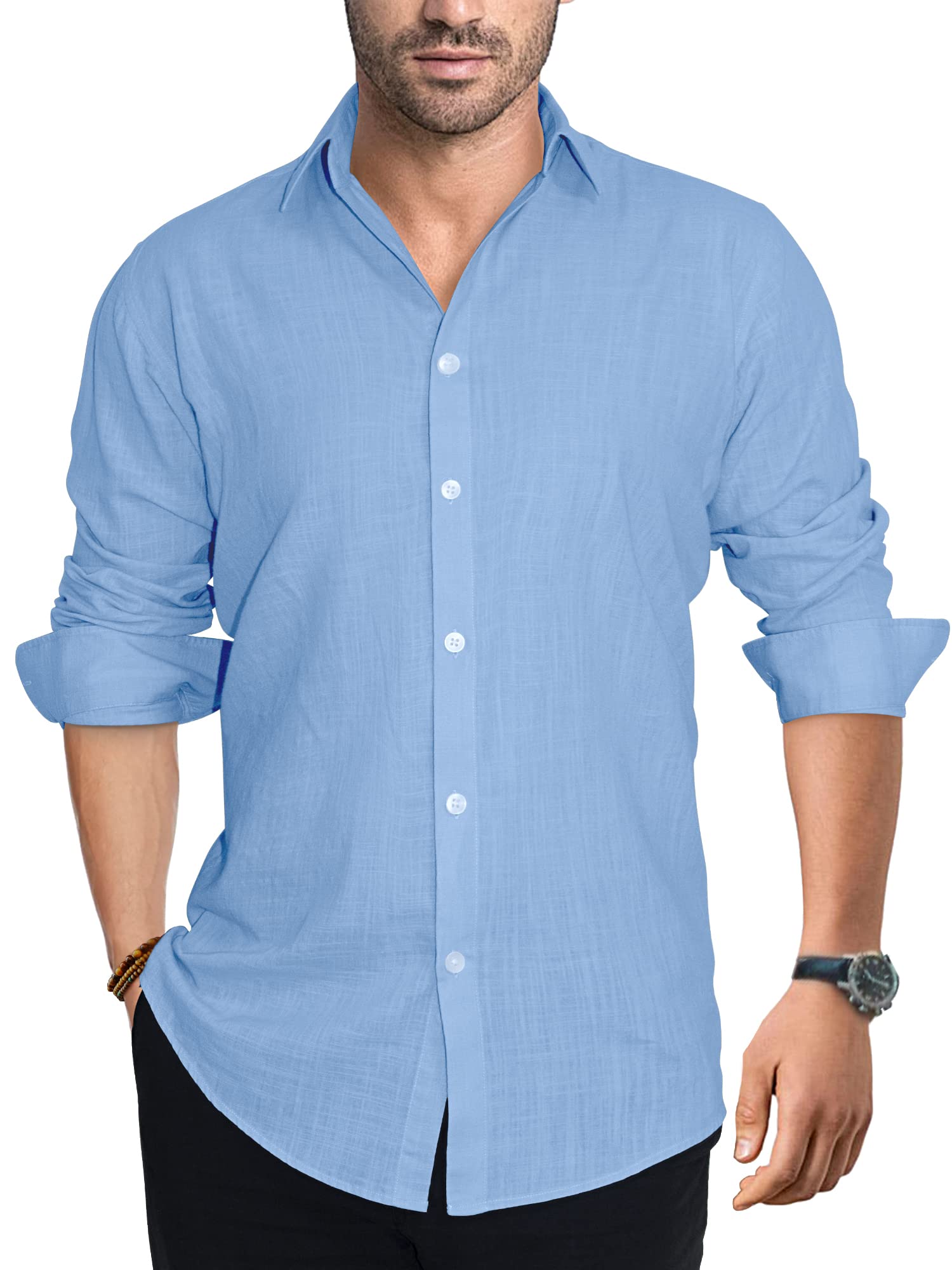 Porseme Men's Casual Linen Cotton Long Sleeve Button Down Shirt - Breathable Summer Beach Shirt with Spread Collar, Lightweight No Pocket (XS-3XL) - Perfect for Vacation, Outdoor Activities & Casual Wear