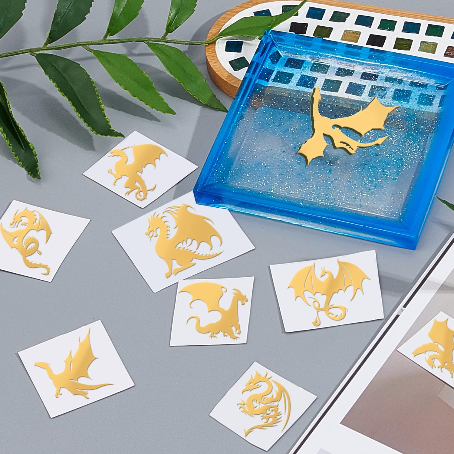 OLYCRAFT 9-Piece 1.6x1.6 Inch Dragon Design Self-Adhesive Metal Stickers - Gold Decorative Stickers for DIY Scrapbooking, Resin Crafts, Phone Cases & Laptop Decoration | Perfect for Journals, Water Bottles & Skateboard Customization