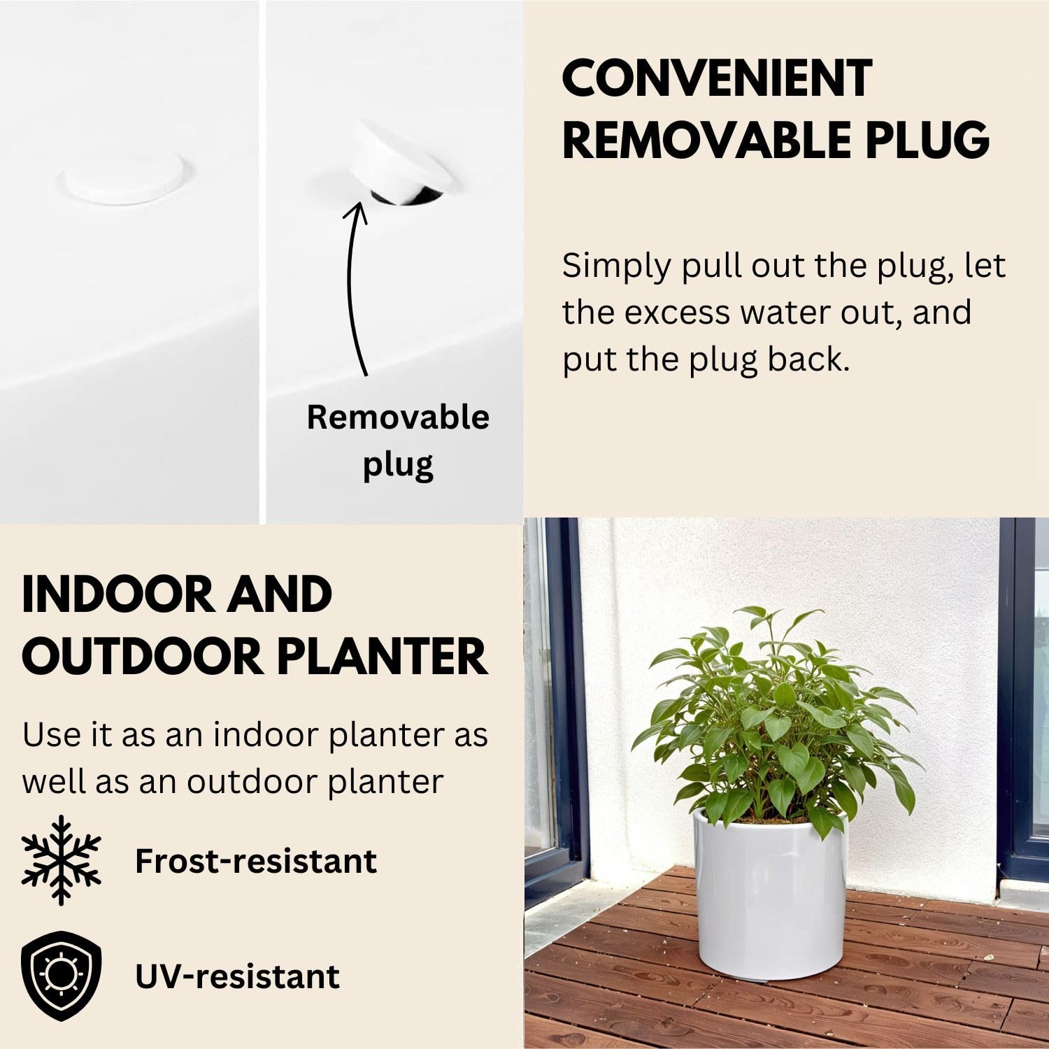 Fox & Fern 10 Inch Plant Pot with Drainage Hole — Premium Lightweight Fiberstone Glossy White Planter for Indoor & Outdoor Plants | Weatherproof & UV Resistant Flower Pot | Perfect for Home Decor, Garden, Patio, and Office Plants