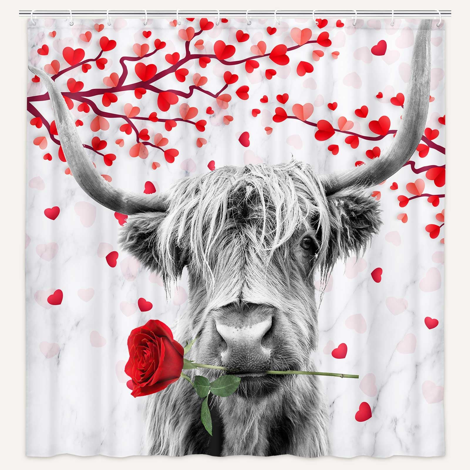 Funny Highland Cow Valentine's Day Shower Curtain - Farmhouse Western Rustic Bathroom Decor with Red Heart Tree Design, Includes Hooks (72x72 Inches) | Perfect for Farmhouse Bathrooms, Valentine's Gifts & Country-Themed Home Decor