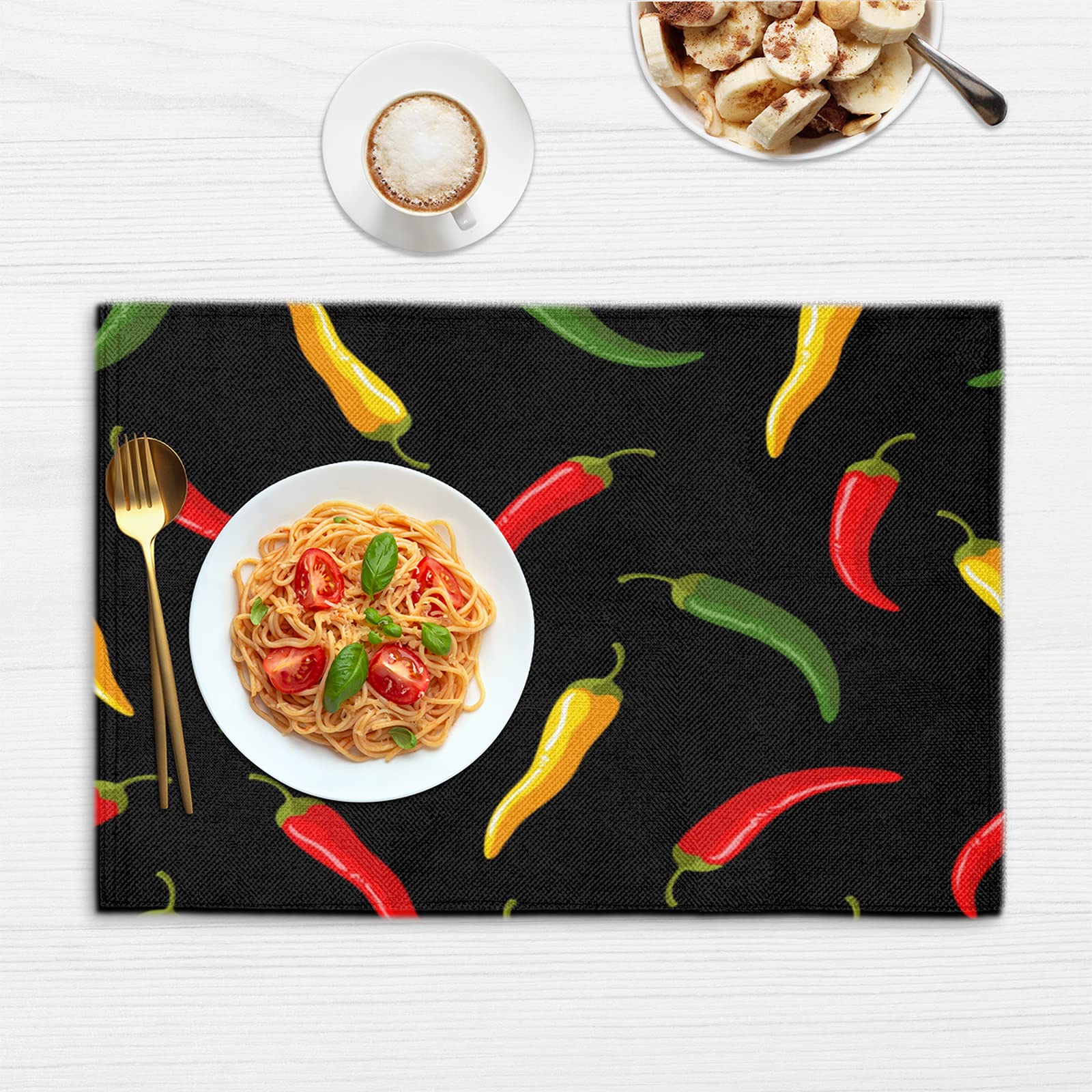 Vibrant Chili Pepper Placemats Set of 6 - Red, Yellow & Green Double-Sided Heat-Resistant Table Mats - Washable Kitchen Decor for Holiday Parties, Farmhouse Dining & Everyday Use
