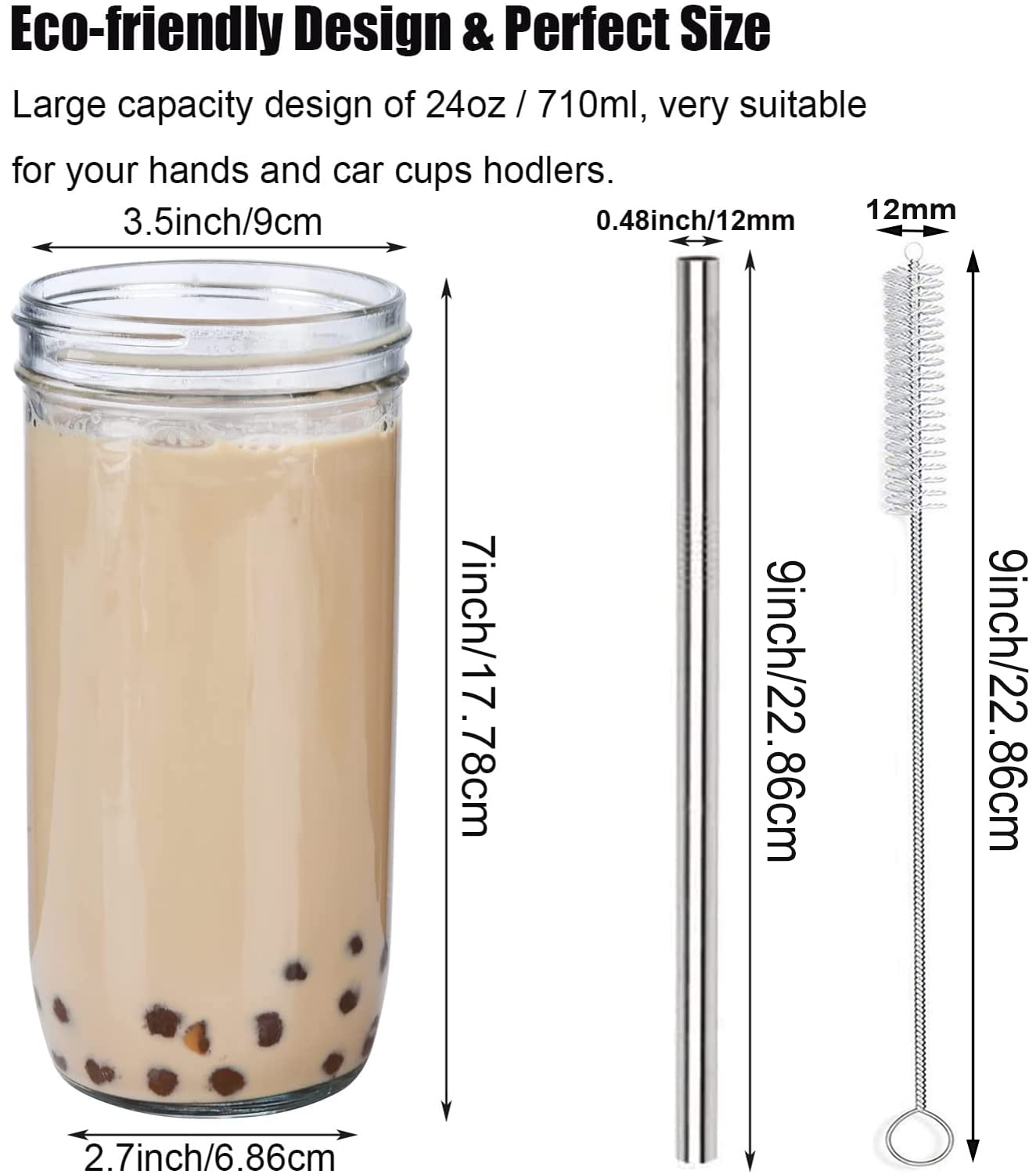 ALINK 24oz Reusable Glass Mason Jars - 2-Pack Wide Mouth Tumbler Cups with Lids & Straws for Bubble Tea, Smoothies, Iced Coffee | Perfect for Home, Office & Cafe Use