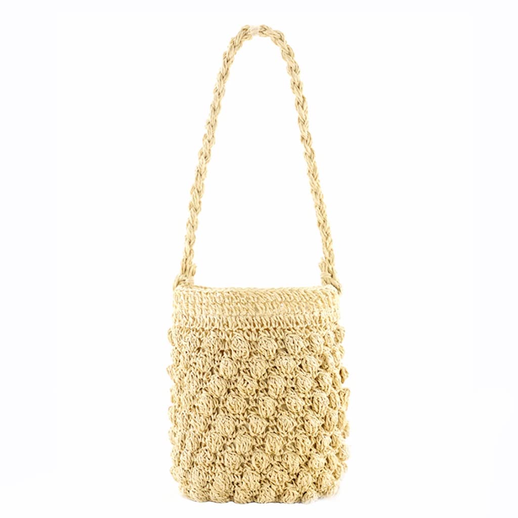 Handmade Rattan Woven Straw Bucket Bag for Women - Summer Beach Shoulder Bag with Drawstring Closure (22x22x15cm) - Perfect for Vacation, Pool Parties and Boho Fashion Outfits