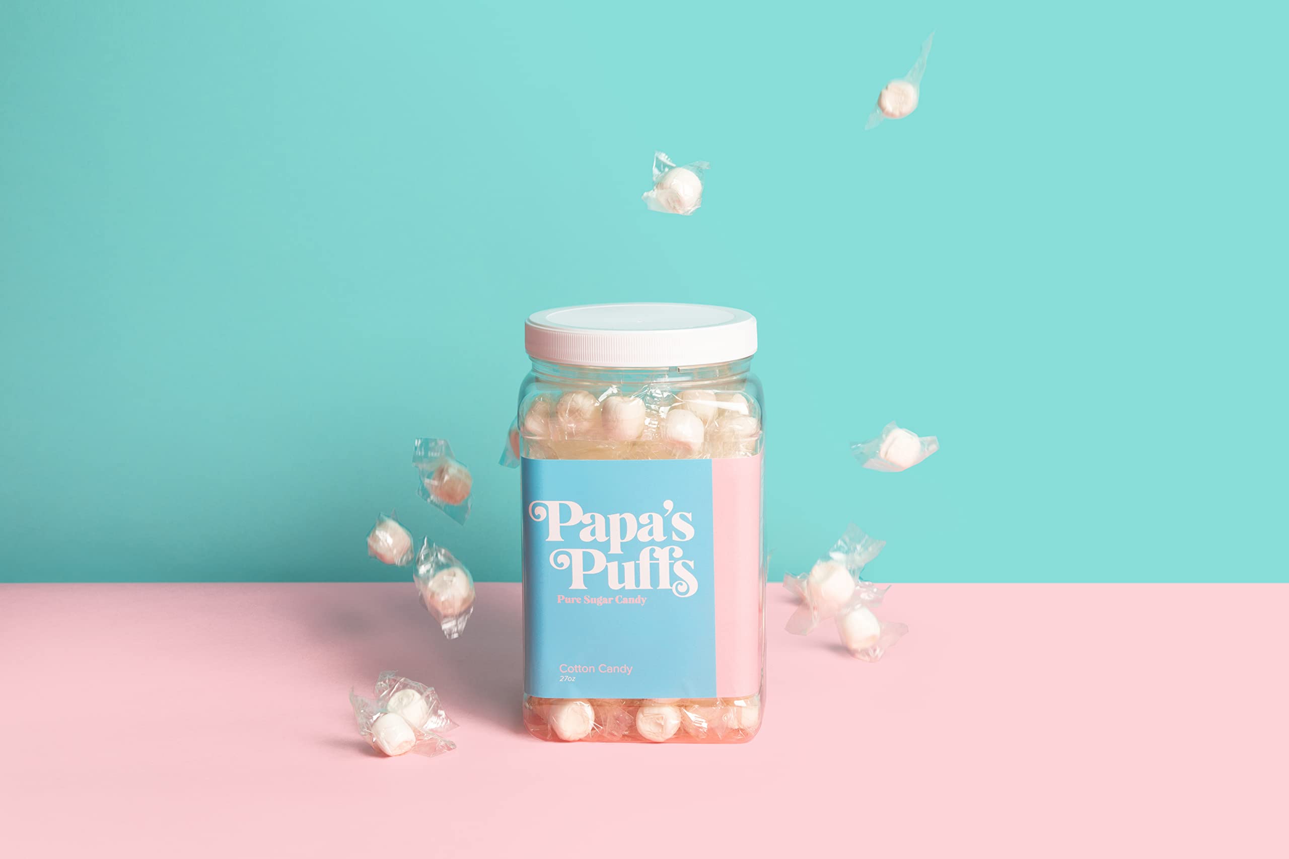Papa's Puffs Cotton Candy Flavored Pure Sugar Candy - Individually Wrapped Resealable Tub - Fat Free, Gluten Free, Cholesterol Free - Made in USA - Perfect for Parties, Gifts & Sweet Cravings