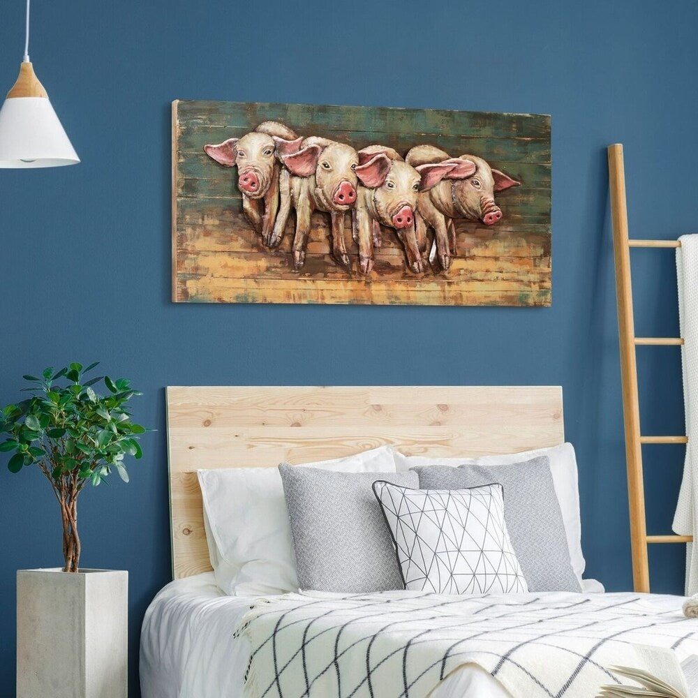 Hand-Painted 4 Little Pigs Iron Wall Sculpture - Rustic Farmhouse Decor for Living Room, Nursery & Outdoor Spaces