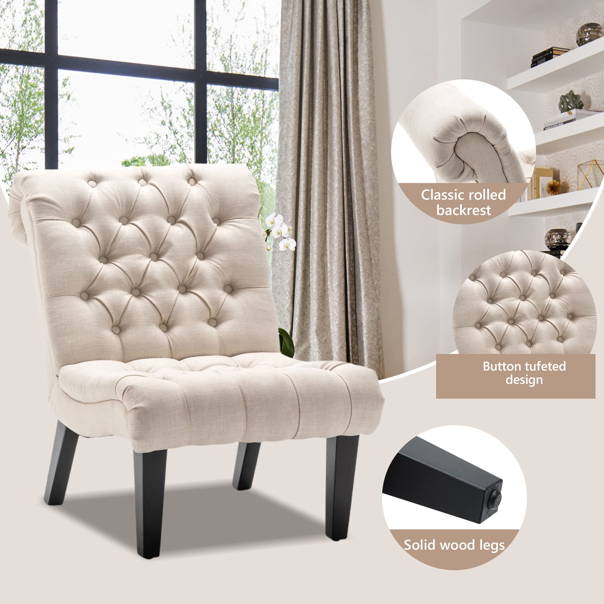 Yongqiang Accent Chairs Set of 2 - Modern Armless Upholstered Slipper Chairs with Button Tufted Design & Solid Wood Legs in Cream Fabric - Perfect for Living Room, Bedroom, or Reading Nook Decor