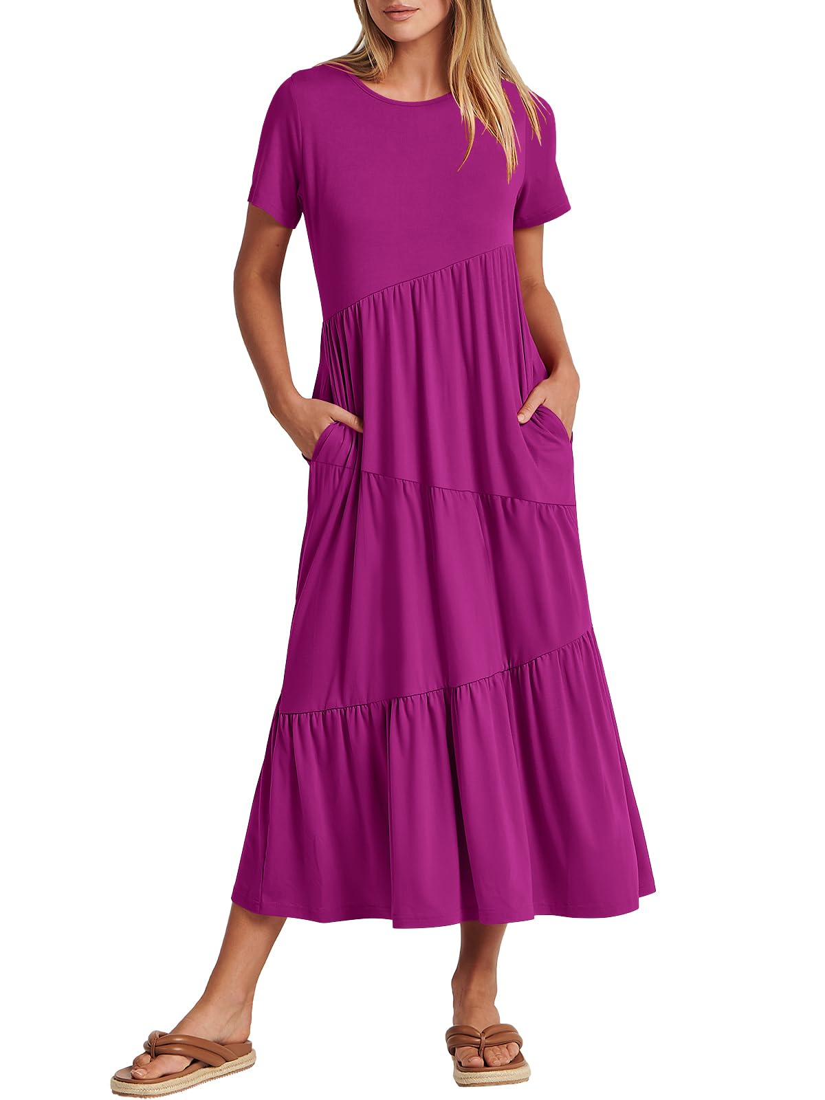 ANRABESS Women's Summer Maxi Dress - Short Sleeve Casual Swing Dress, Asymmetric Tiered Beach Sundress for Vacation, Long Dress for Beach Outings, Pool Parties and Summer Getaways