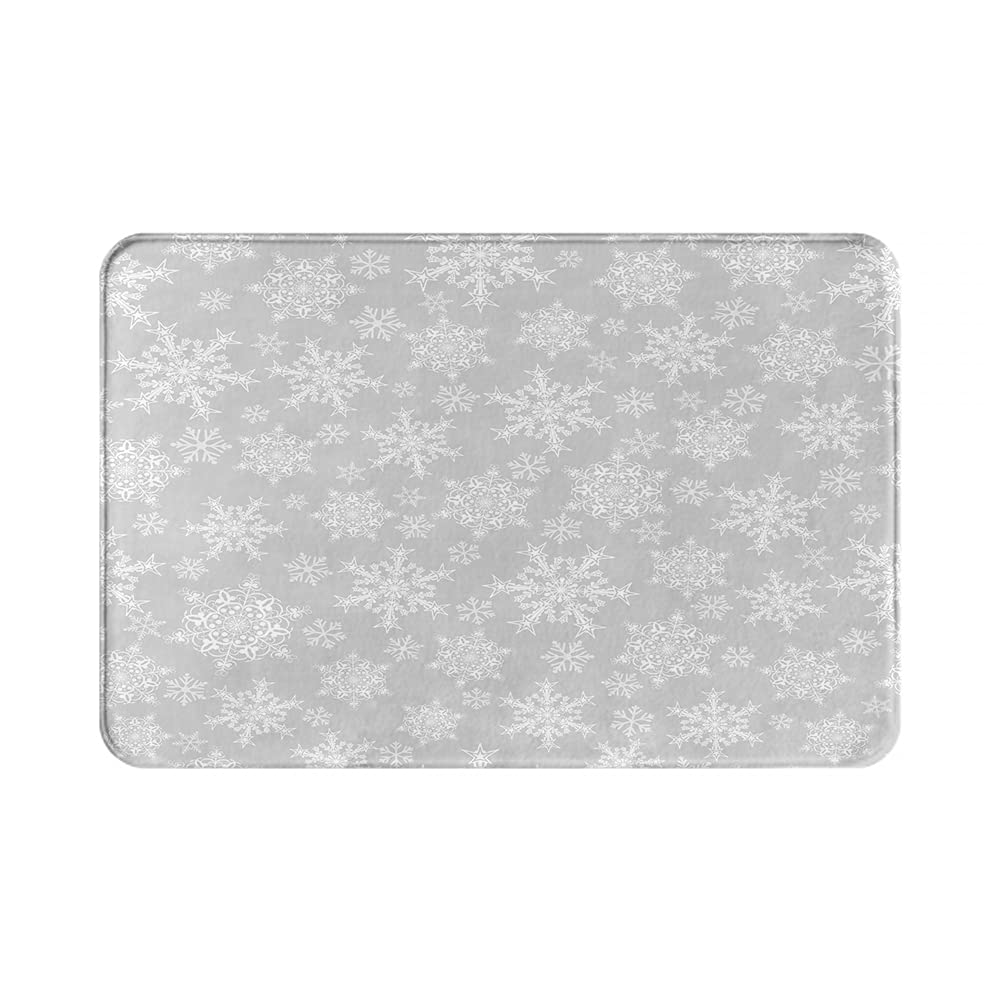 Non-Slip Washable Bath Mat - 20x30 Inch Gray & White Snowflake Design - Cozy Bathroom Rug for Christmas Decor, Bedroom, Kitchen Floor - Indoor Home Decor