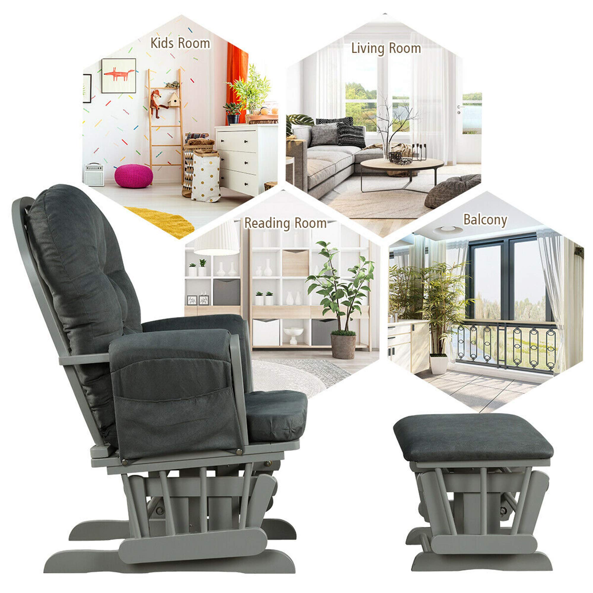 DORTALA Baby Glider Rocker with Ottoman - Adjustable Nursery Chair for Nursing, Feeding & Reading - Soft Upholstered Rocking Chair with Smooth Motion & Removable Washable Cover - Perfect for Nursery, Bedroom & Living Room (Grey)