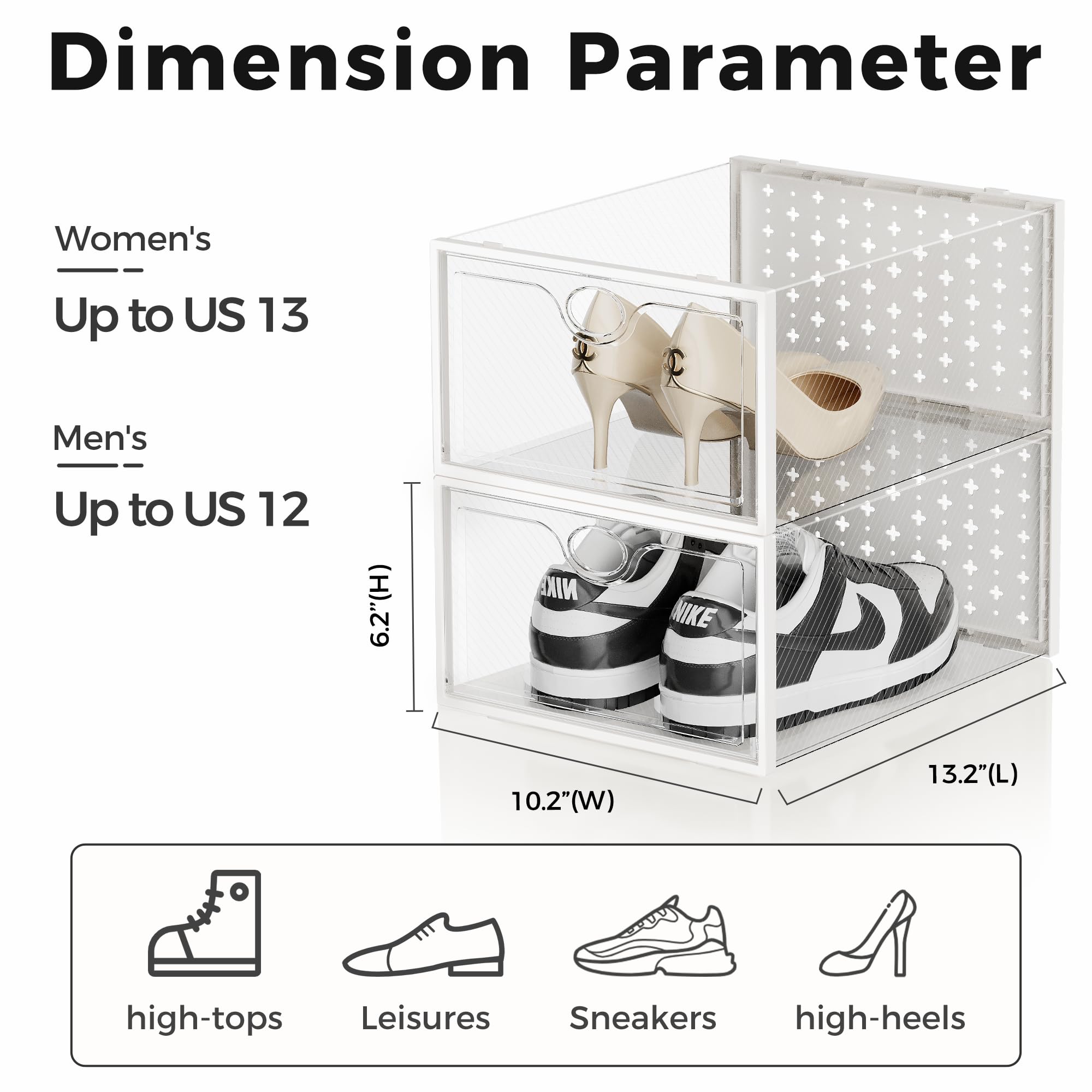 Pinkpum 15-Pack Extra Large Clear Plastic Shoe Storage Boxes - Fits Size 12 Sneakers, Stackable Shoe Organizer for Closet | Perfect for Sneakerheads Collection, Shoe Display & Home Organization (White)